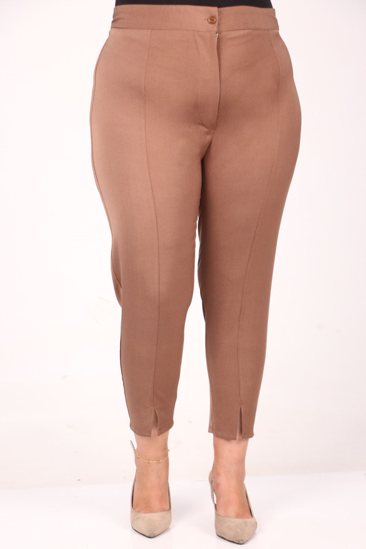 F-39028 Büyük Beden Önü Yırtmaçlı Dar Paça Pantolon - Vizon