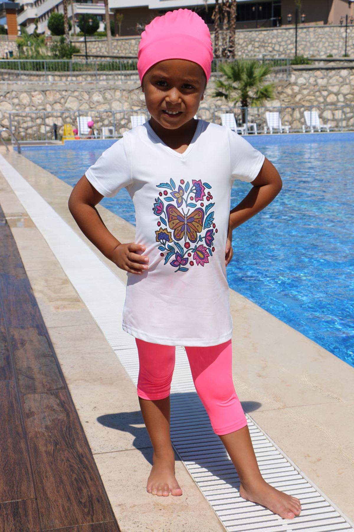 1709-1  Baskılı Kısa Kol Çocuk Havuz Mayosu-Beyaz-Pembe