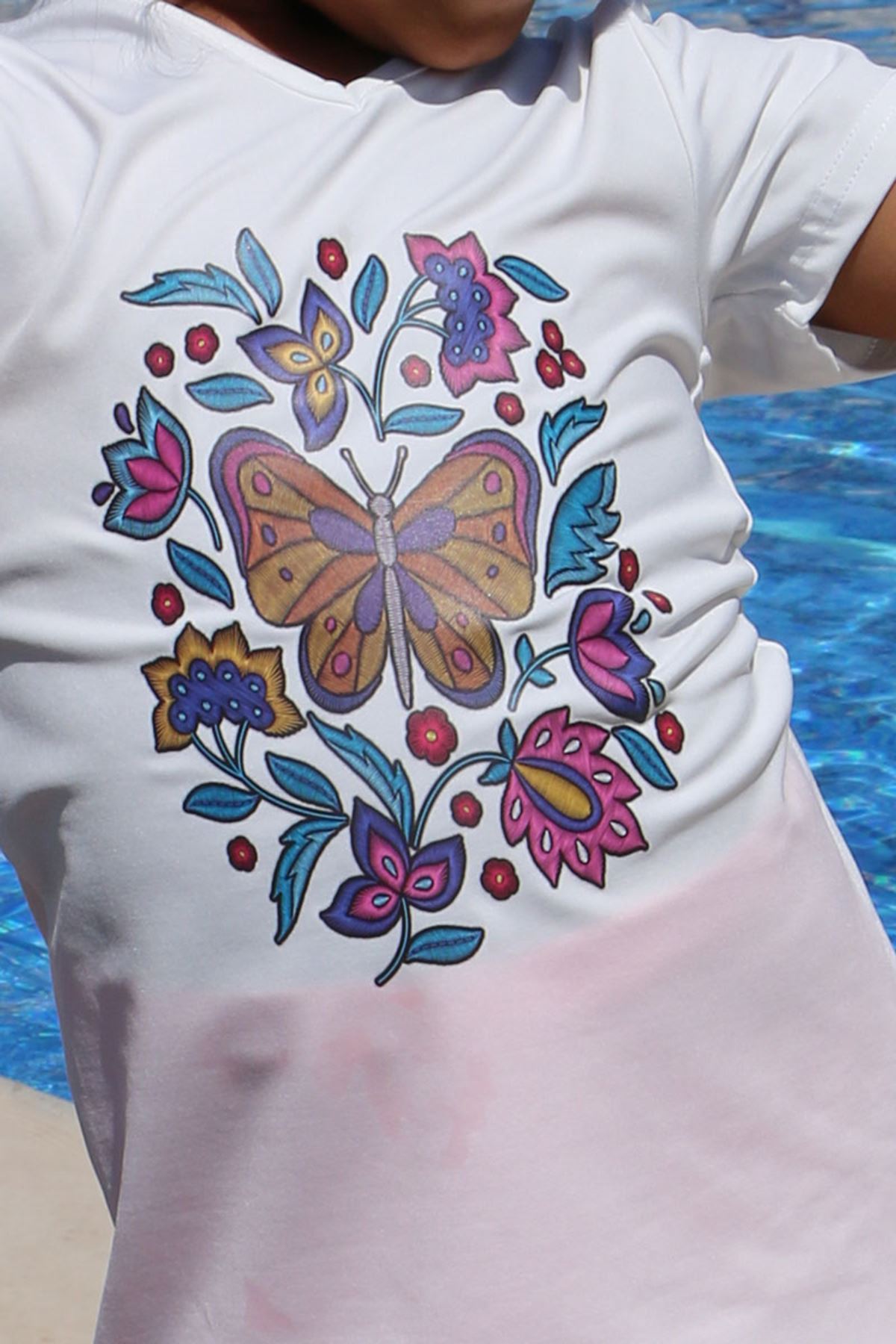 1709-1  Baskılı Kısa Kol Çocuk Havuz Mayosu-Beyaz-Pembe