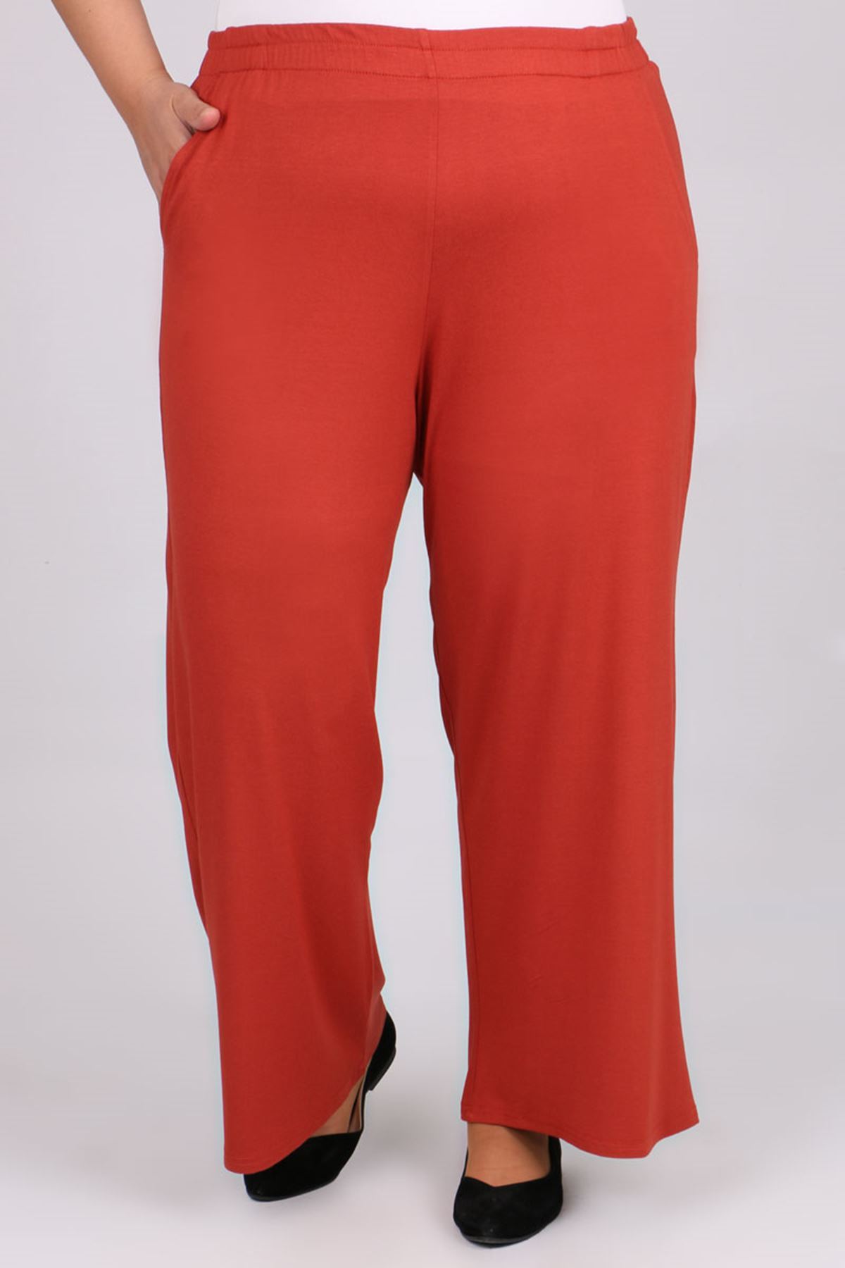 39000 Büyük Beden Yüksek Beli Lastikli Penye Pantolon-Kiremit