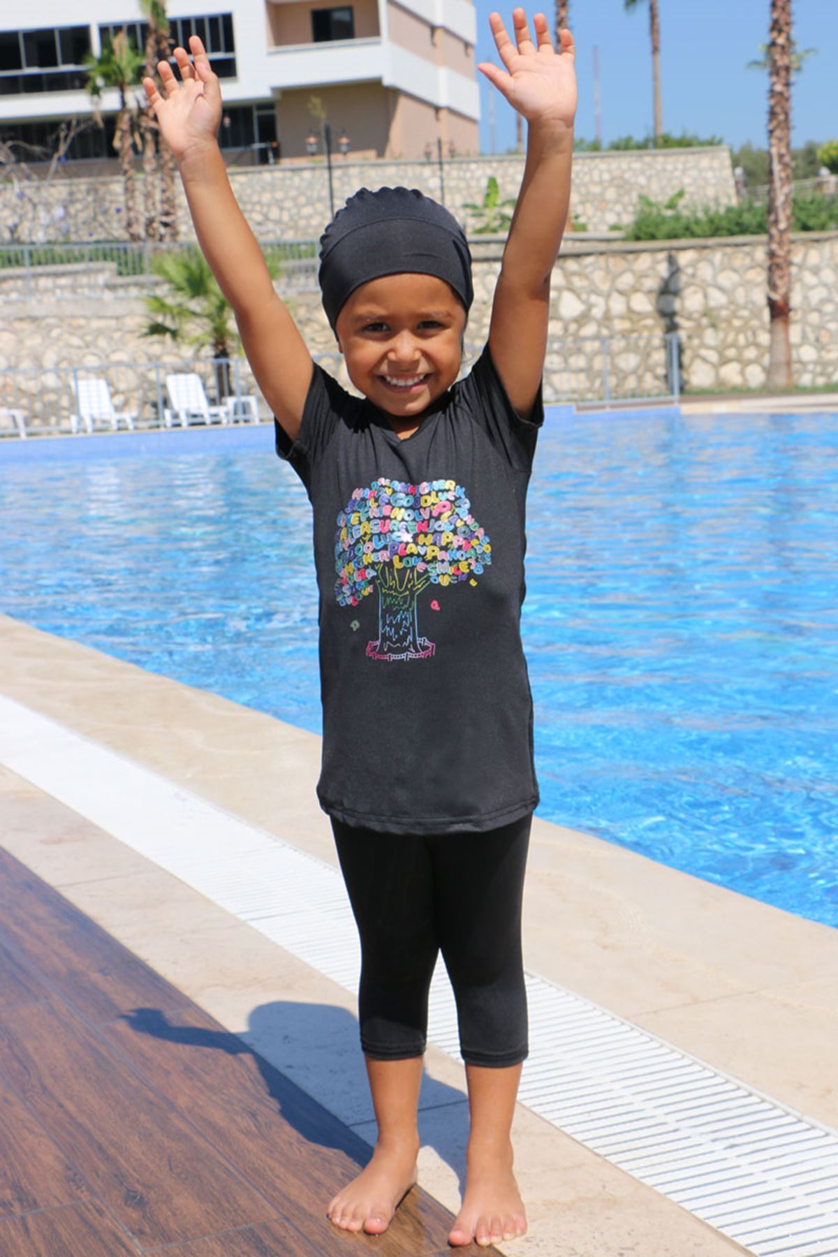 1708-1  Ağaç Baskılı Çocuk Havuz Mayosu - Siyah-Siyah