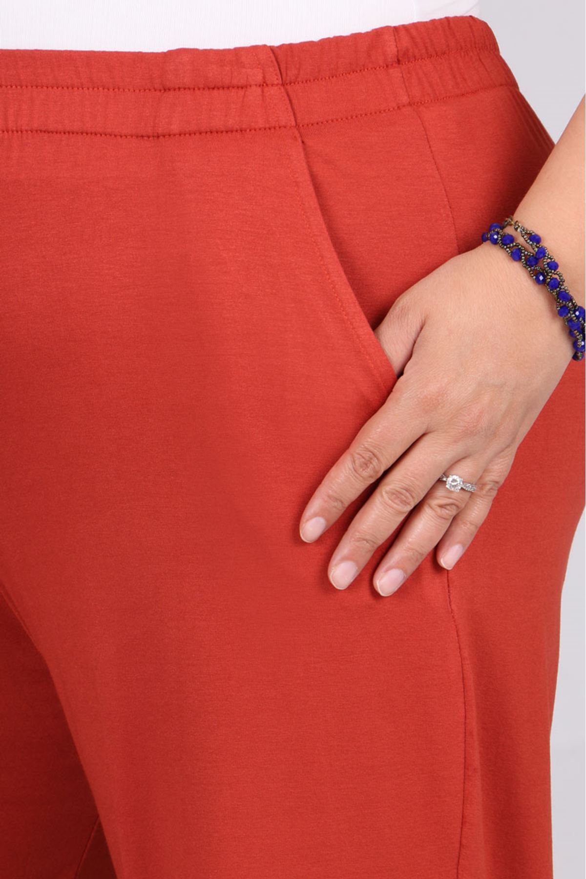 39000 Büyük Beden Yüksek Beli Lastikli Penye Pantolon-Kiremit