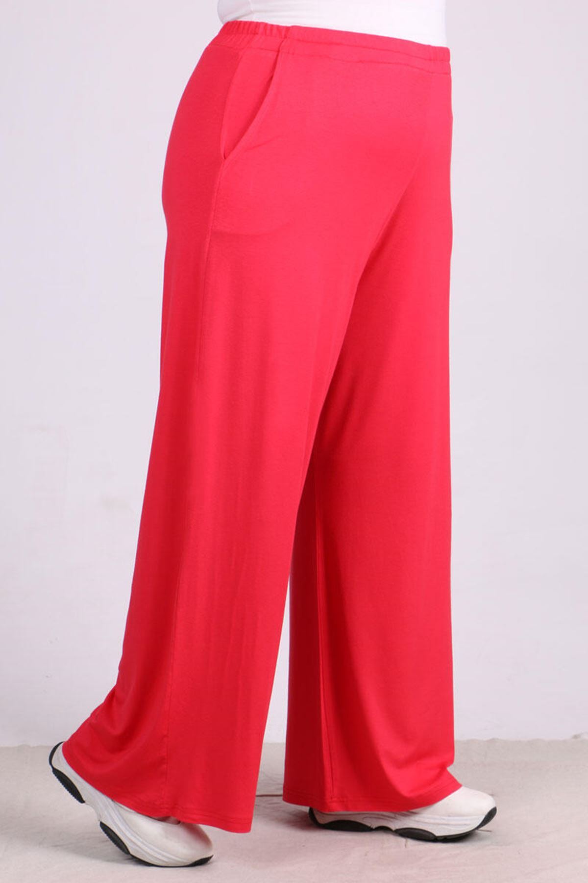 39000 Büyük Beden Yüksek Beli Lastikli Penye Pantolon  - Kırmızı