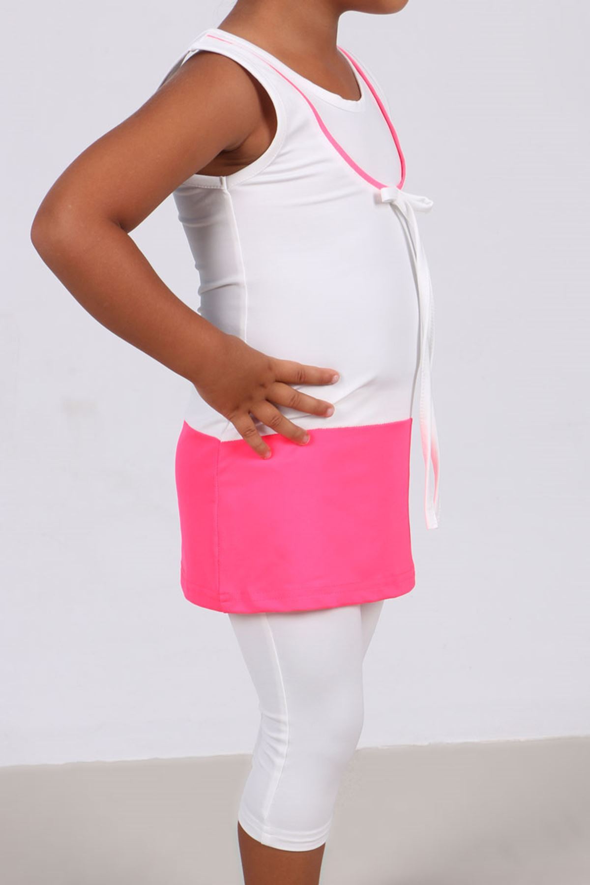 1705-1 Çocuk Mayo Takımı-Beyaz-Fosforlu Pembe