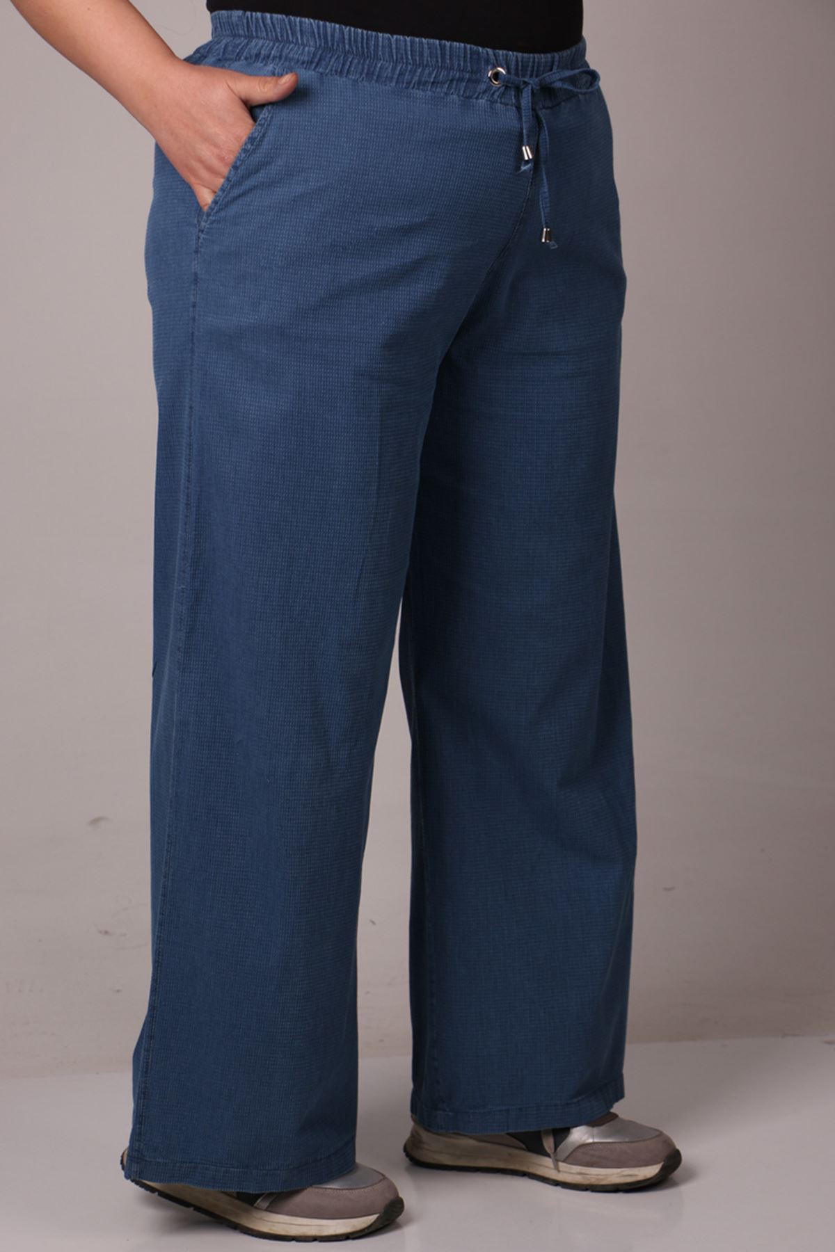 29000-1 Büyük Beden Piti Kareli Bol Paça Kot Pantolon - Mavi