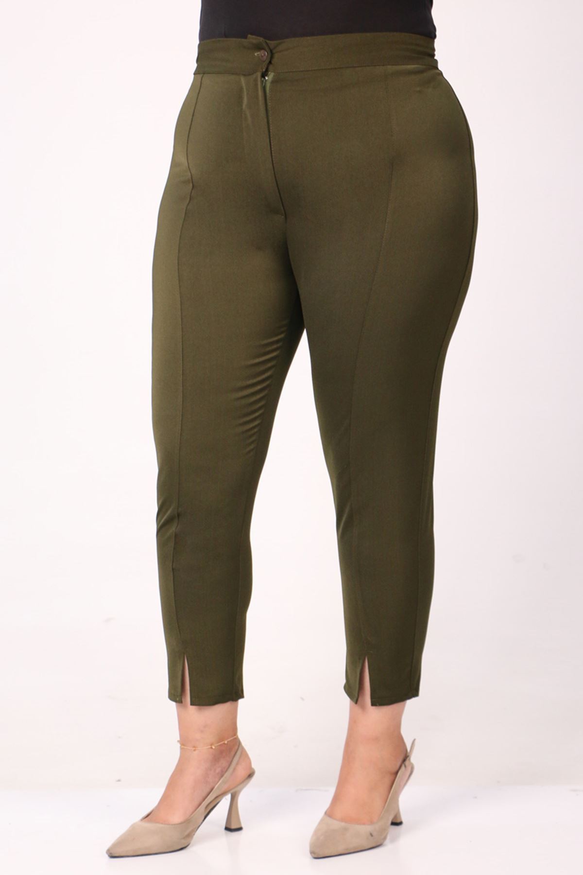 F-39028 Büyük Beden Önü Yırtmaçlı Dar Paça Pantolon - Haki