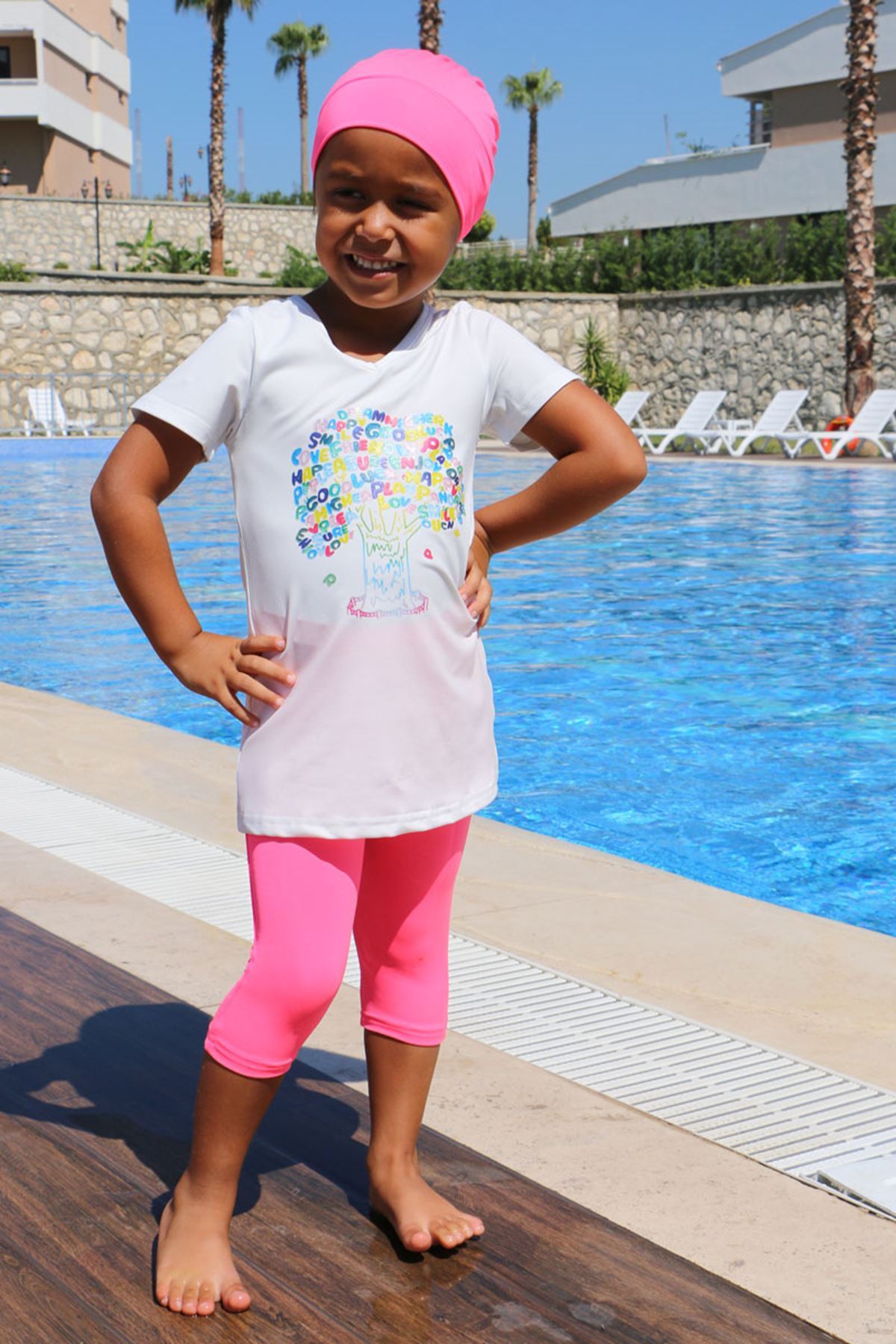 1708 -1 Ağaç Baskılı Çocuk Havuz Mayosu-Beyaz-Pembe