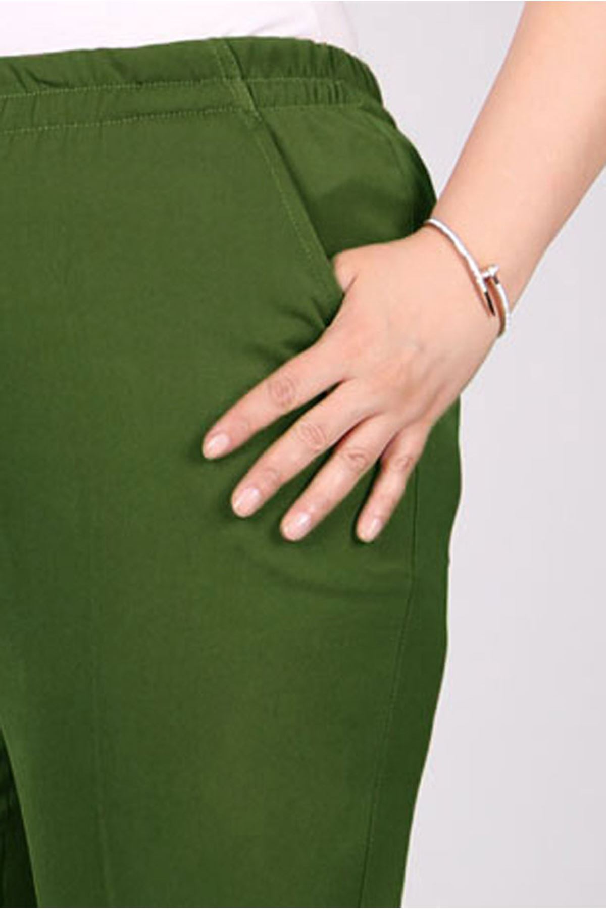 F-29020 Büyük Beden Beli Lastikli Boru Paça En Boy Pantolon - Haki