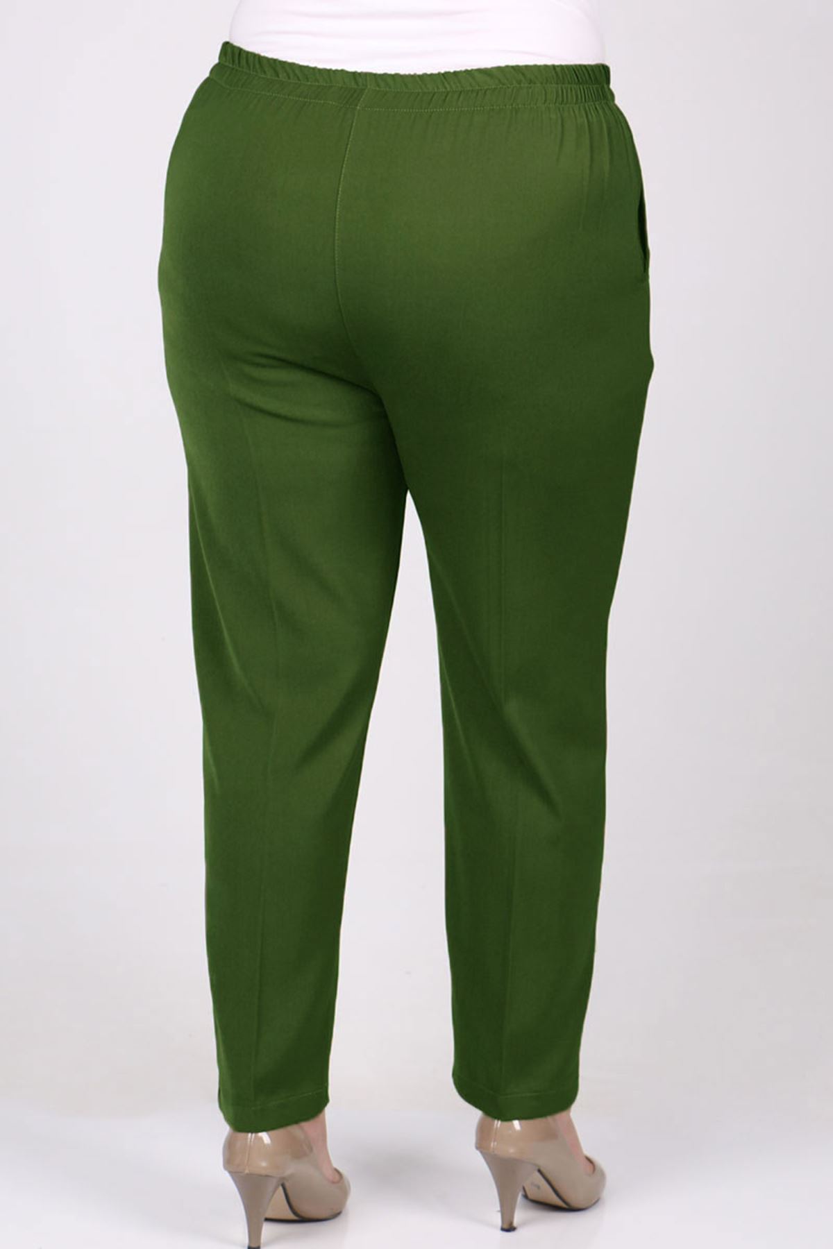 F-29020 Büyük Beden Beli Lastikli Boru Paça En Boy Pantolon - Haki