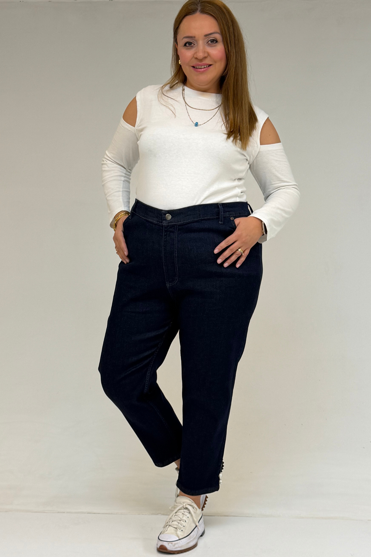 59045 Büyük Beden Paçası Taş Detaylı Boyfriend Kot Pantolon - Koyu Lacivert