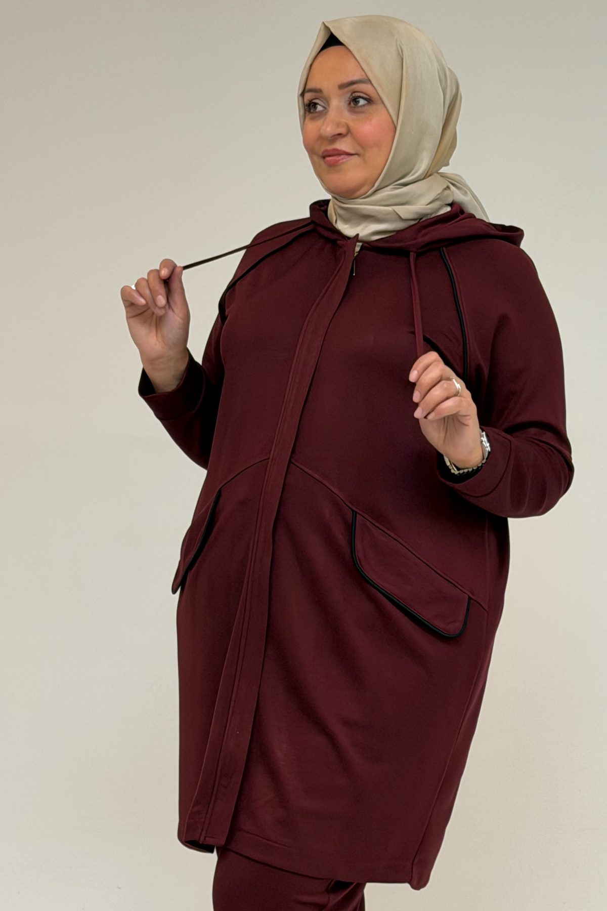 47068 Büyük Beden Çıtçıt Detaylı Modal Tunik Takım  - Bordo