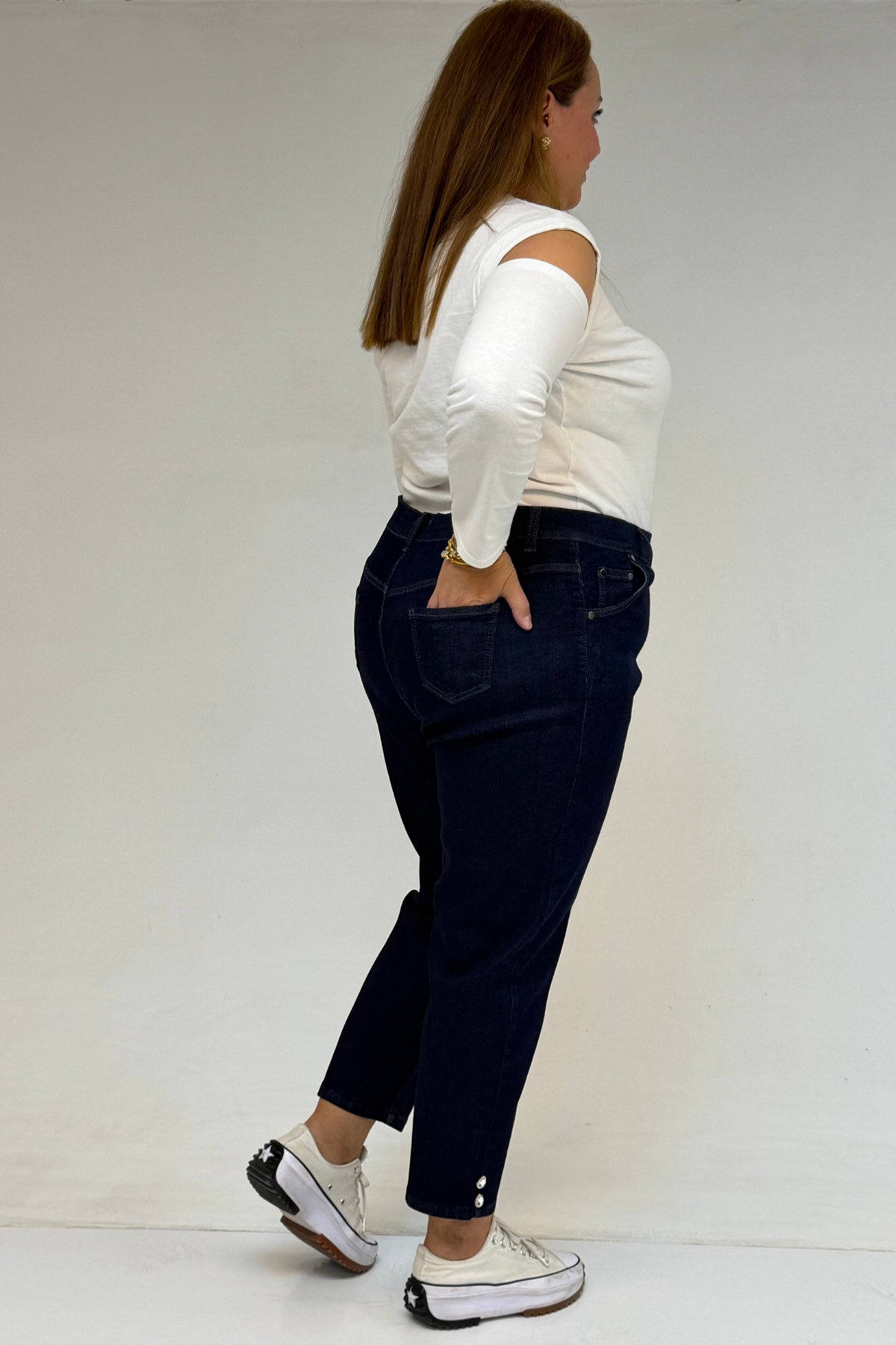 59045 Büyük Beden Paçası Taş Detaylı Boyfriend Kot Pantolon - Koyu Lacivert