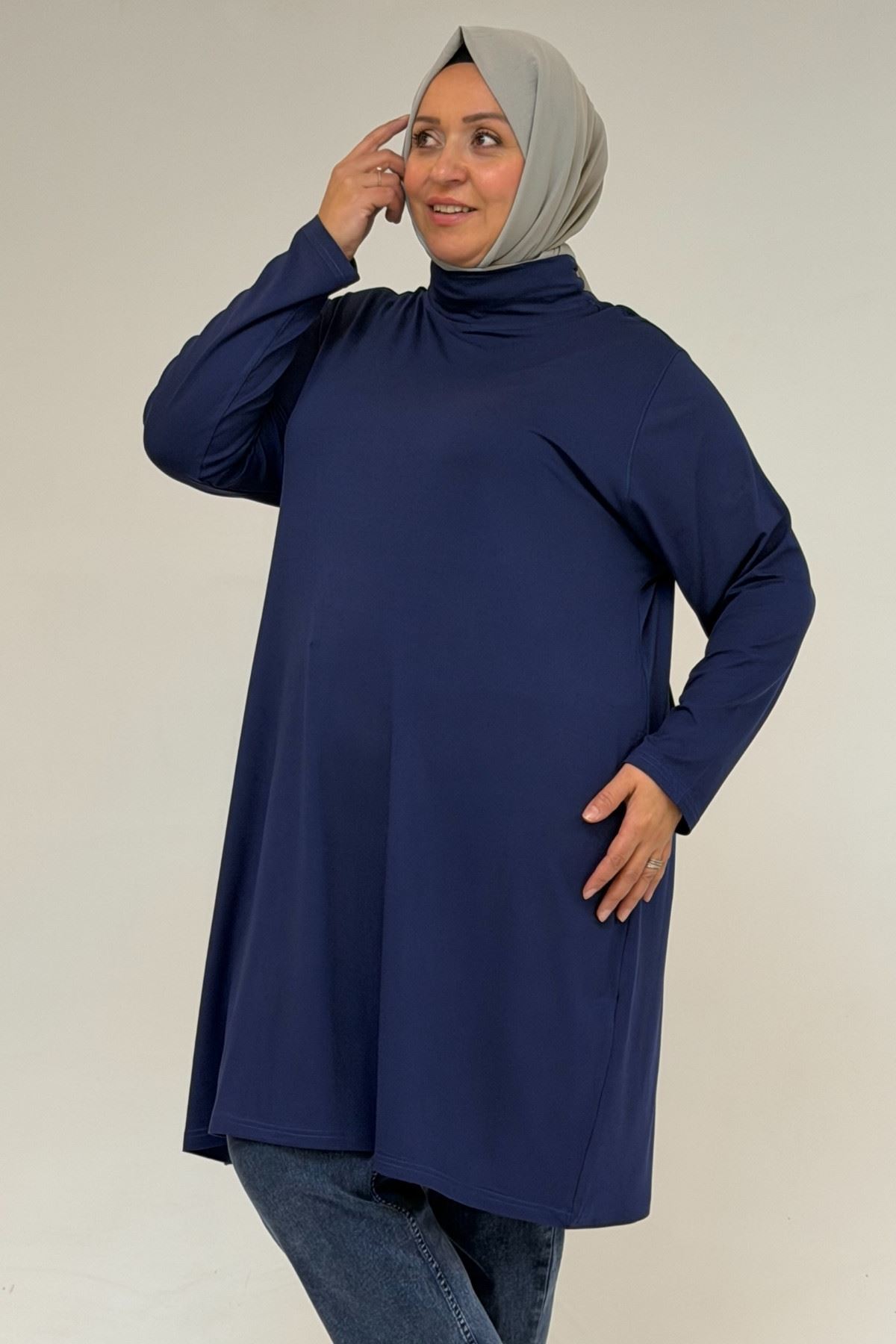 58175 Büyük Beden Boğazlı Yaka Basic Penye Tunik - İndigo