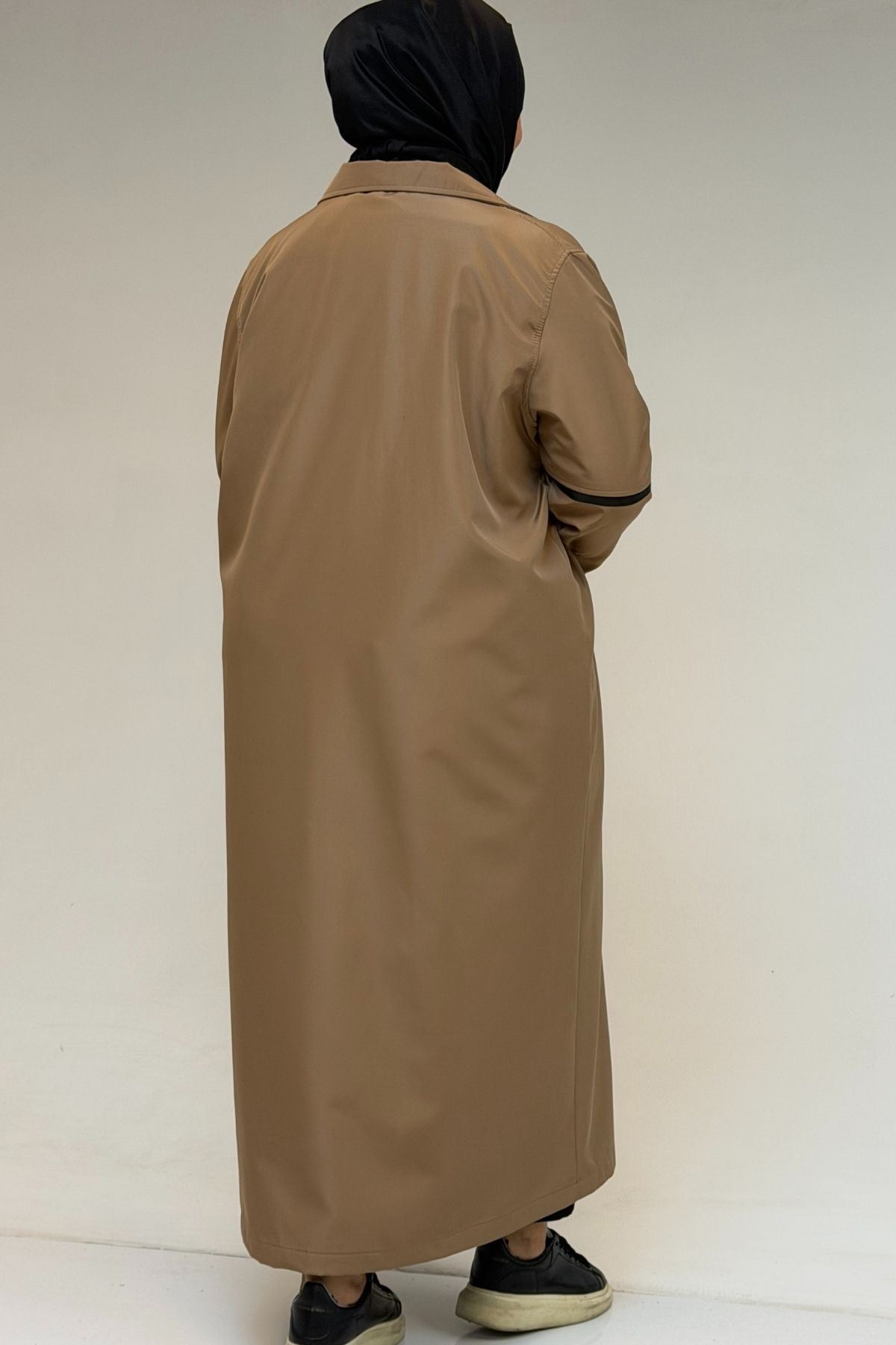 53062 Büyük Beden Sahte Cep Detaylı Bondit Trençkot - Vizon