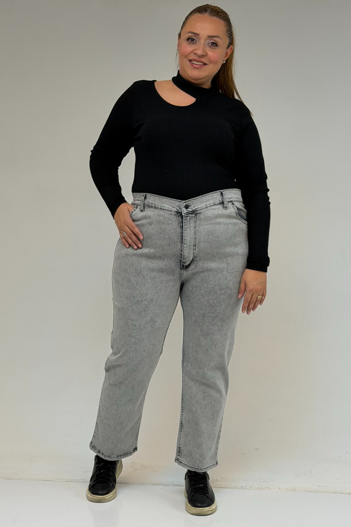 9125-6 Büyük Beden Boy Friend Kot Pantolon -  Kar Yıkama Gri