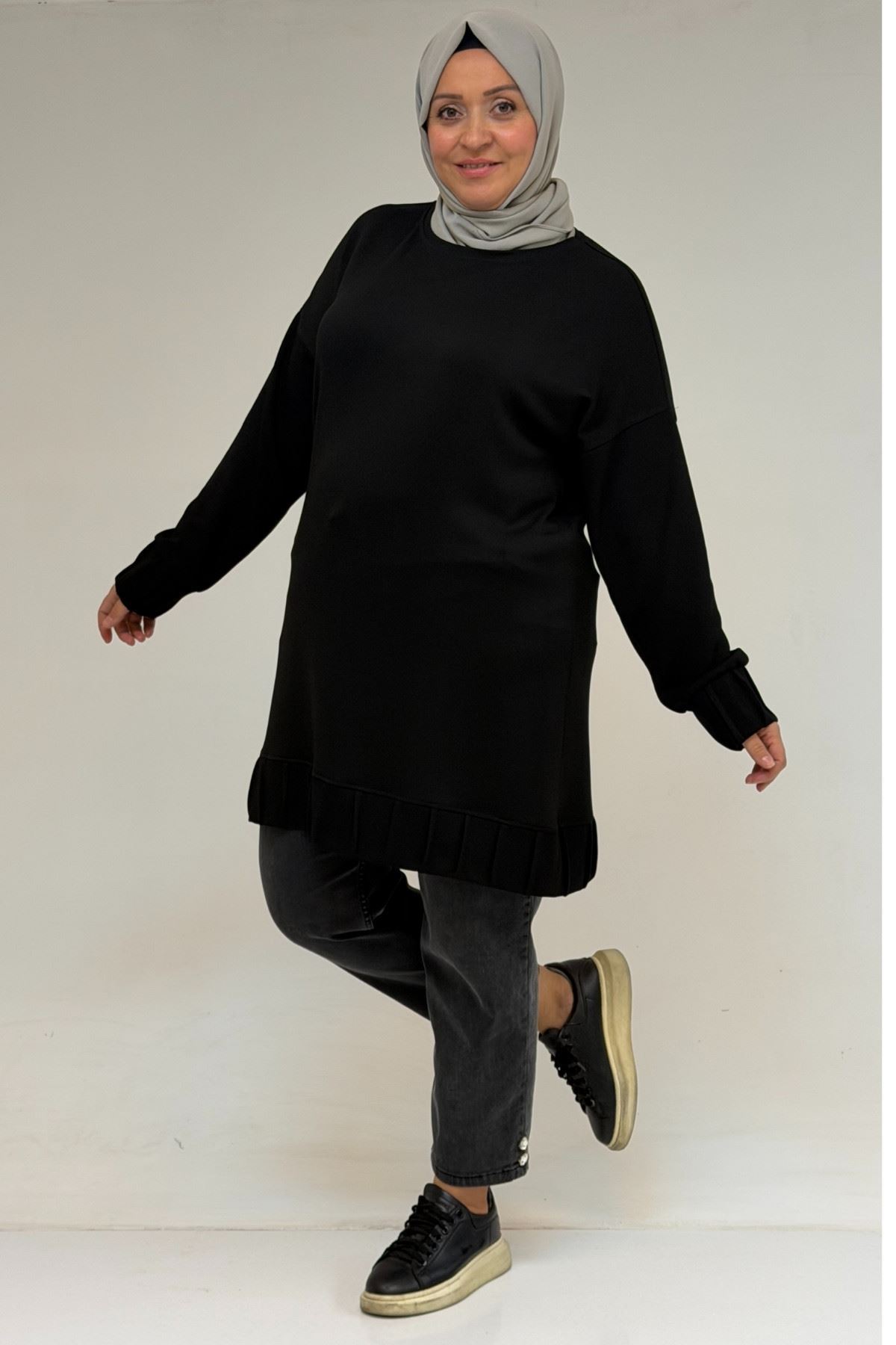 58173 Büyük Beden Çıma Detaylı Modal Tunik - Siyah