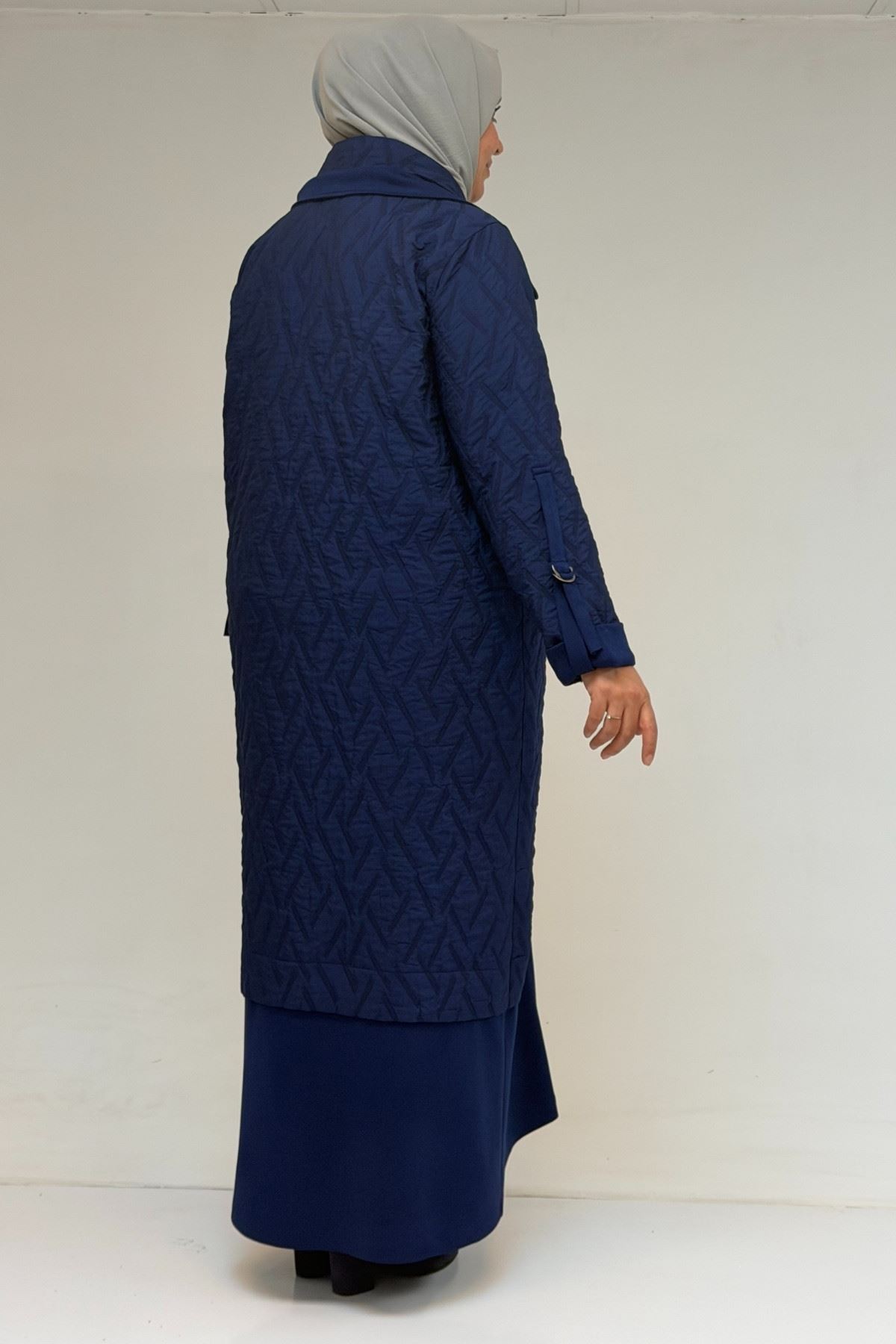 46018 Büyük Beden Fermuar Cepli Modal-Kapitone Kaban - İndigo-İndigo