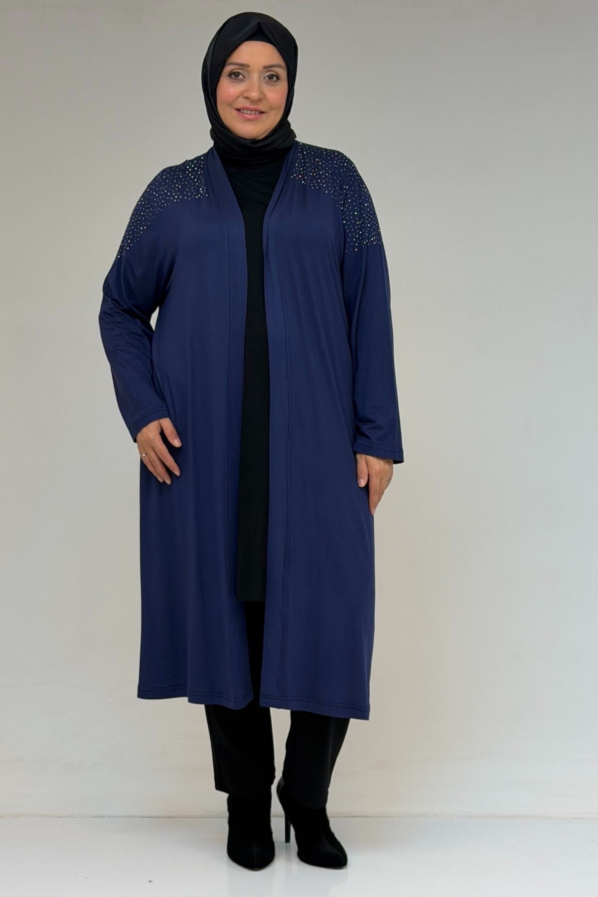 53069 Büyük Beden Omzu Taş Detaylı Penye Ceket - İndigo