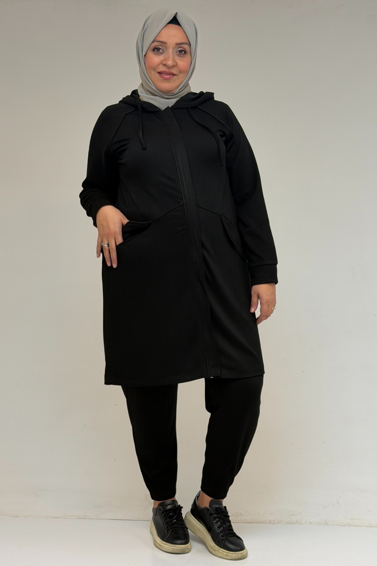 47068 Büyük Beden Çıtçıt Detaylı Modal Tunik Takım - Siyah