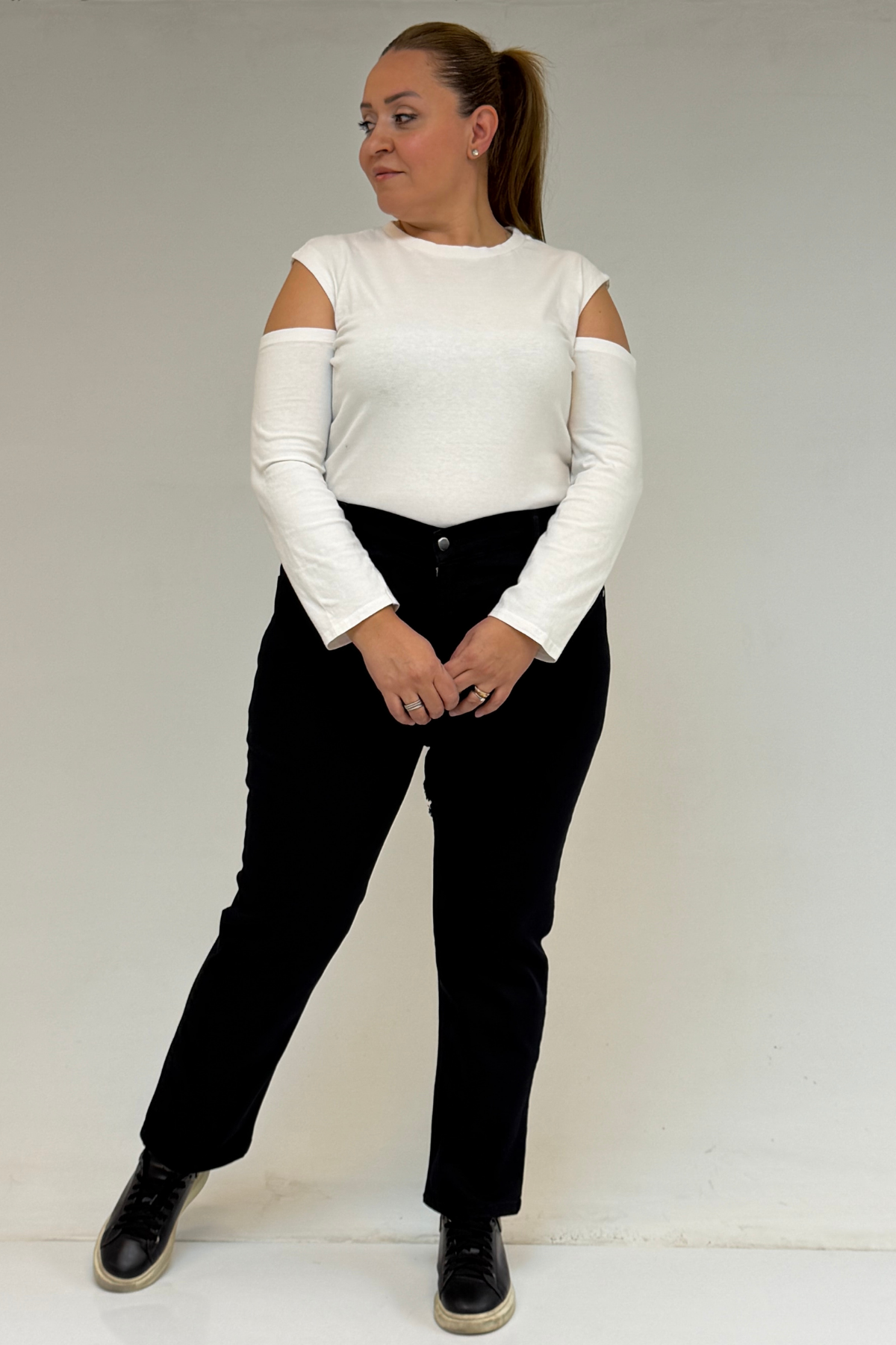 9185-4 Büyük Beden Taşlamalı Boru Paça  Kot Pantolon - Siyah