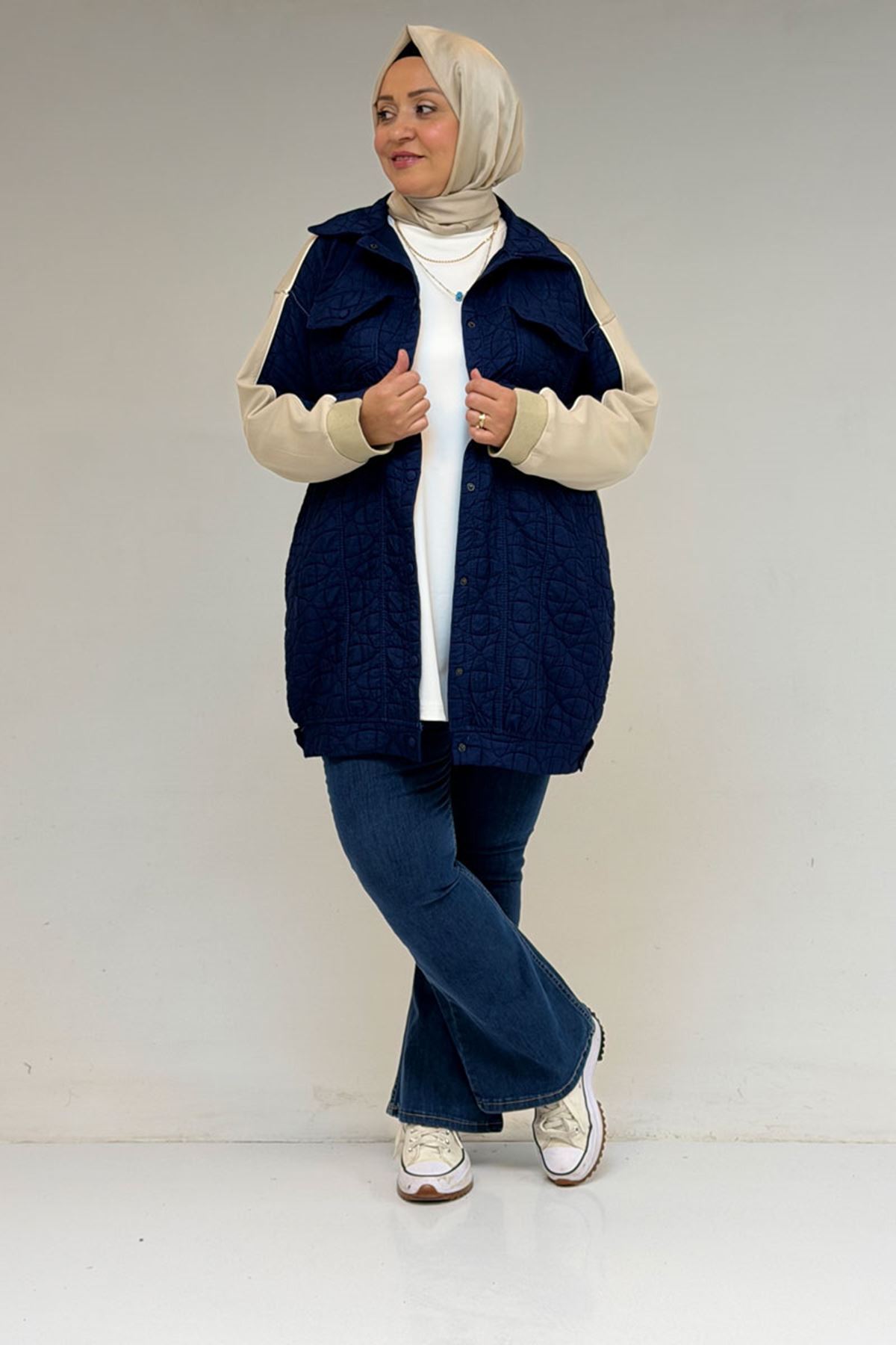 53029 Büyük Beden Biye Detaylı Kombinli Modal-Kapitone Ceket - İndigo-Bej