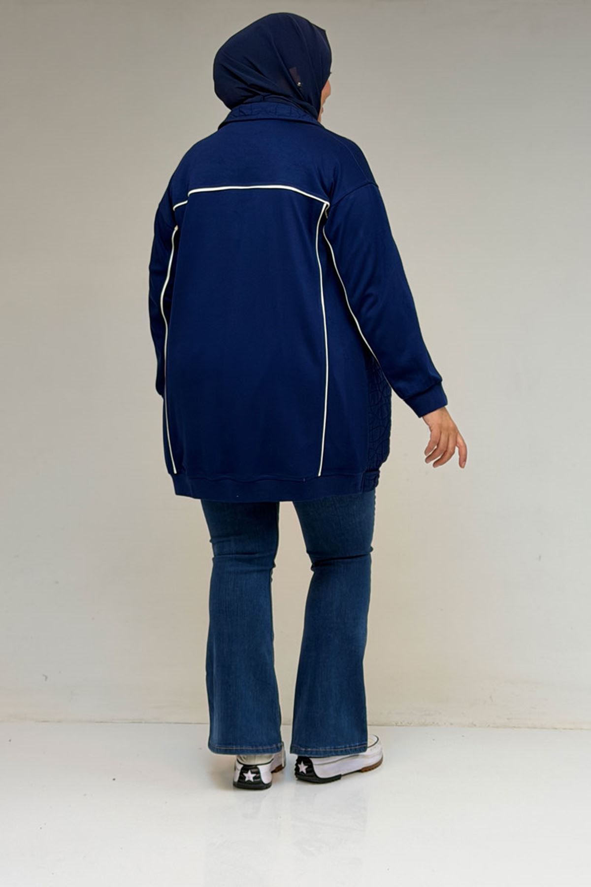 53029 Büyük Beden Biye Detaylı Kombinli Modal-Kapitone Ceket - İndigo-İndigo