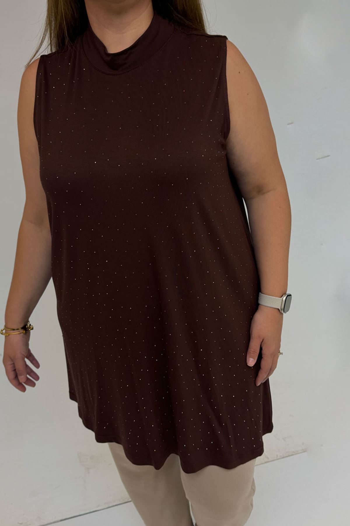 58506 Büyük Beden Taş Baskılı Penye İçlik - Kahve