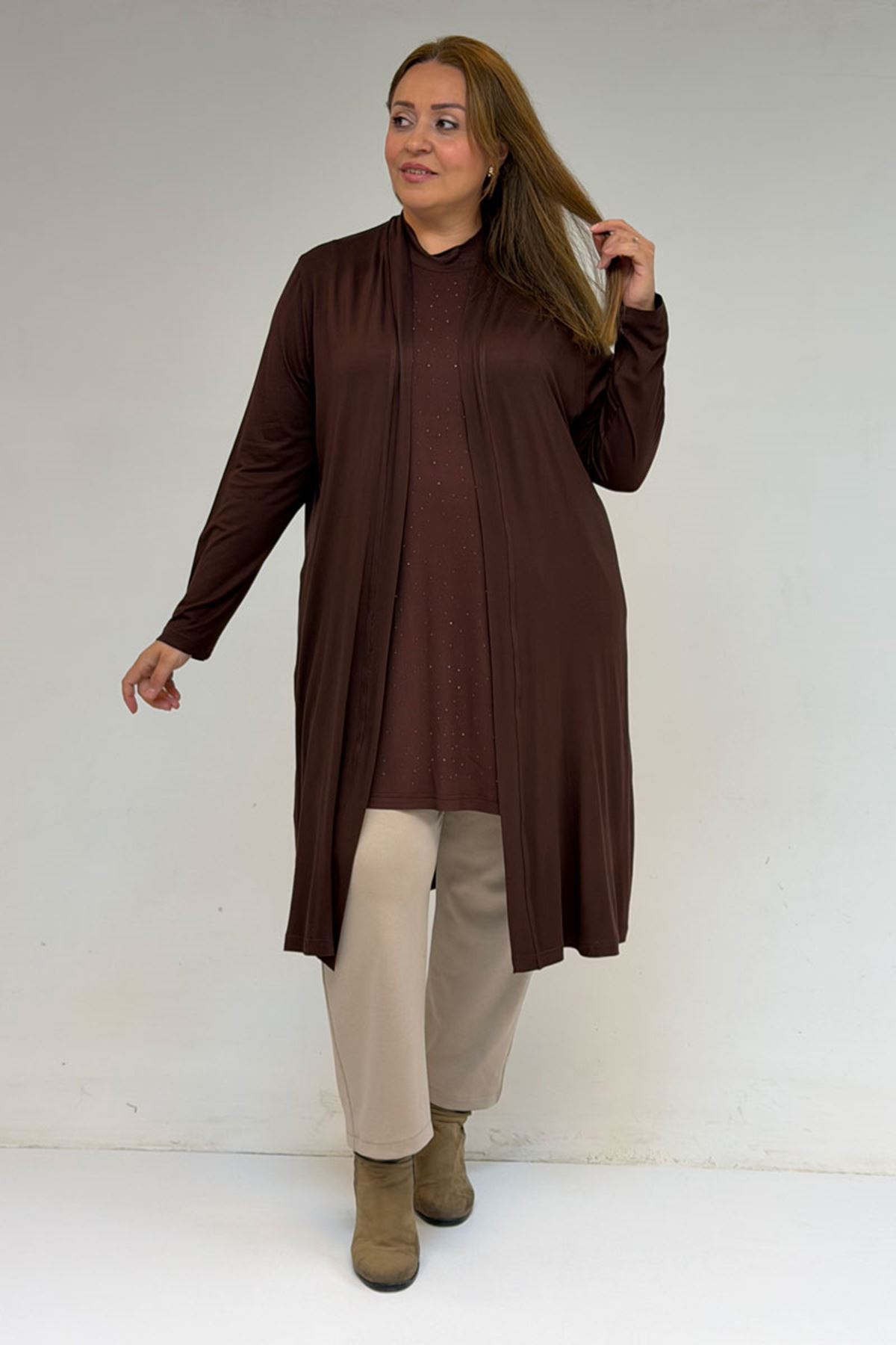 58506 Büyük Beden Taş Baskılı Penye İçlik - Kahve