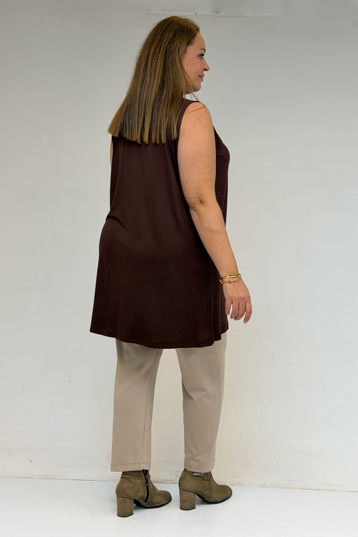 58506 Büyük Beden Taş Baskılı Penye İçlik - Kahve