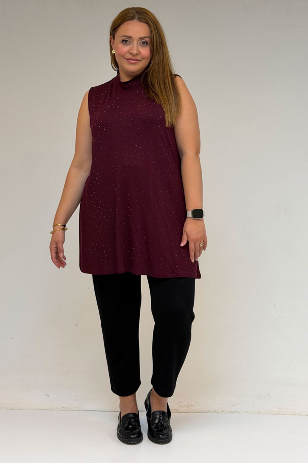 58506 Büyük Beden Taş Baskılı Penye İçlik - Bordo