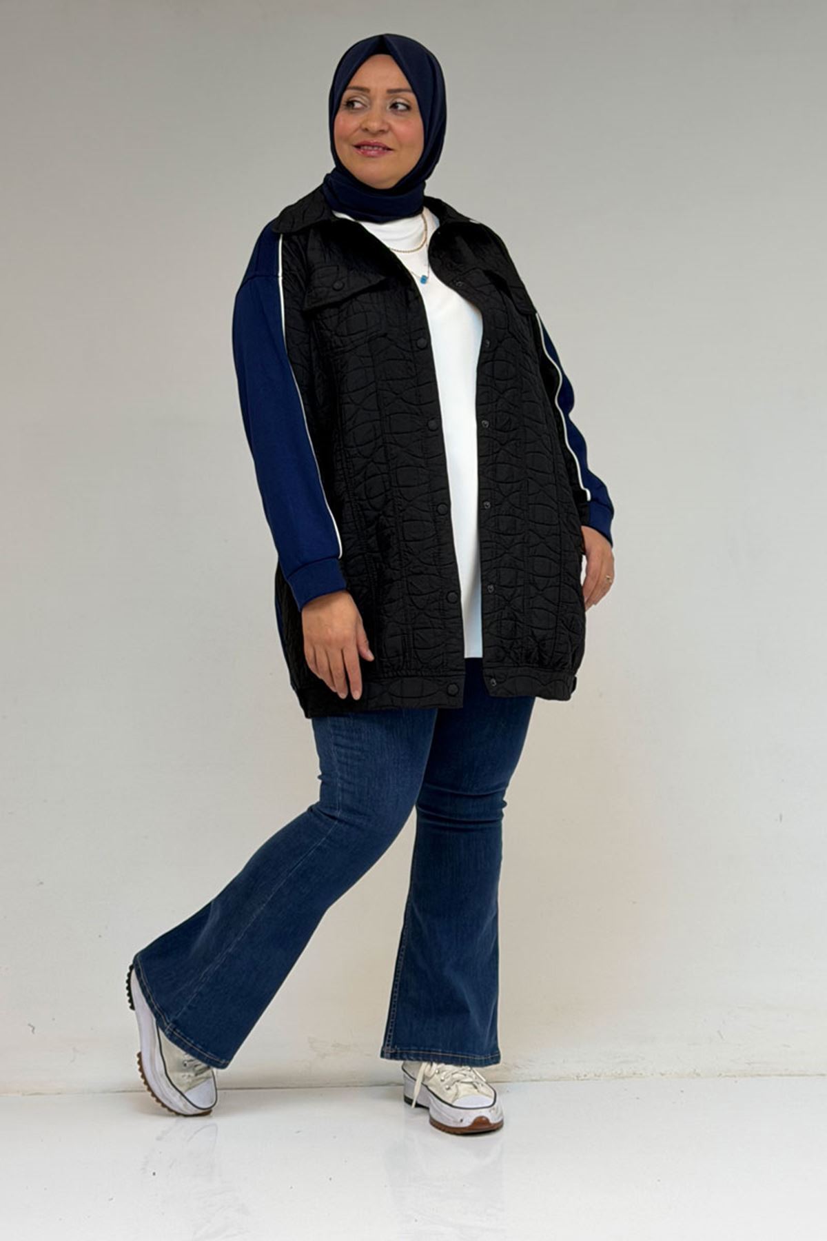 53029 Büyük Beden Biye Detaylı Kombinli Modal-Kapitone Ceket - Siyah-İndigo