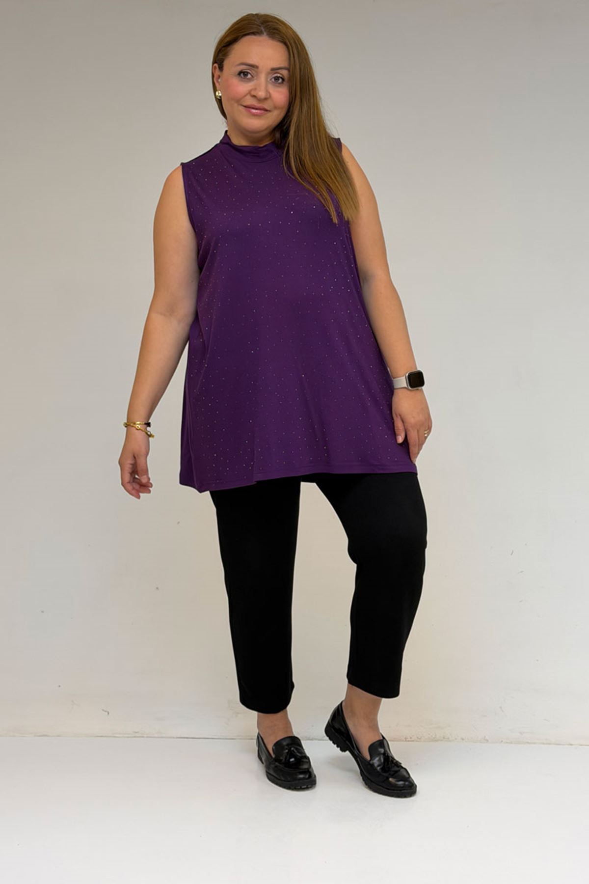 58506 Büyük Beden Taş Baskılı Penye İçlik - Mürdüm