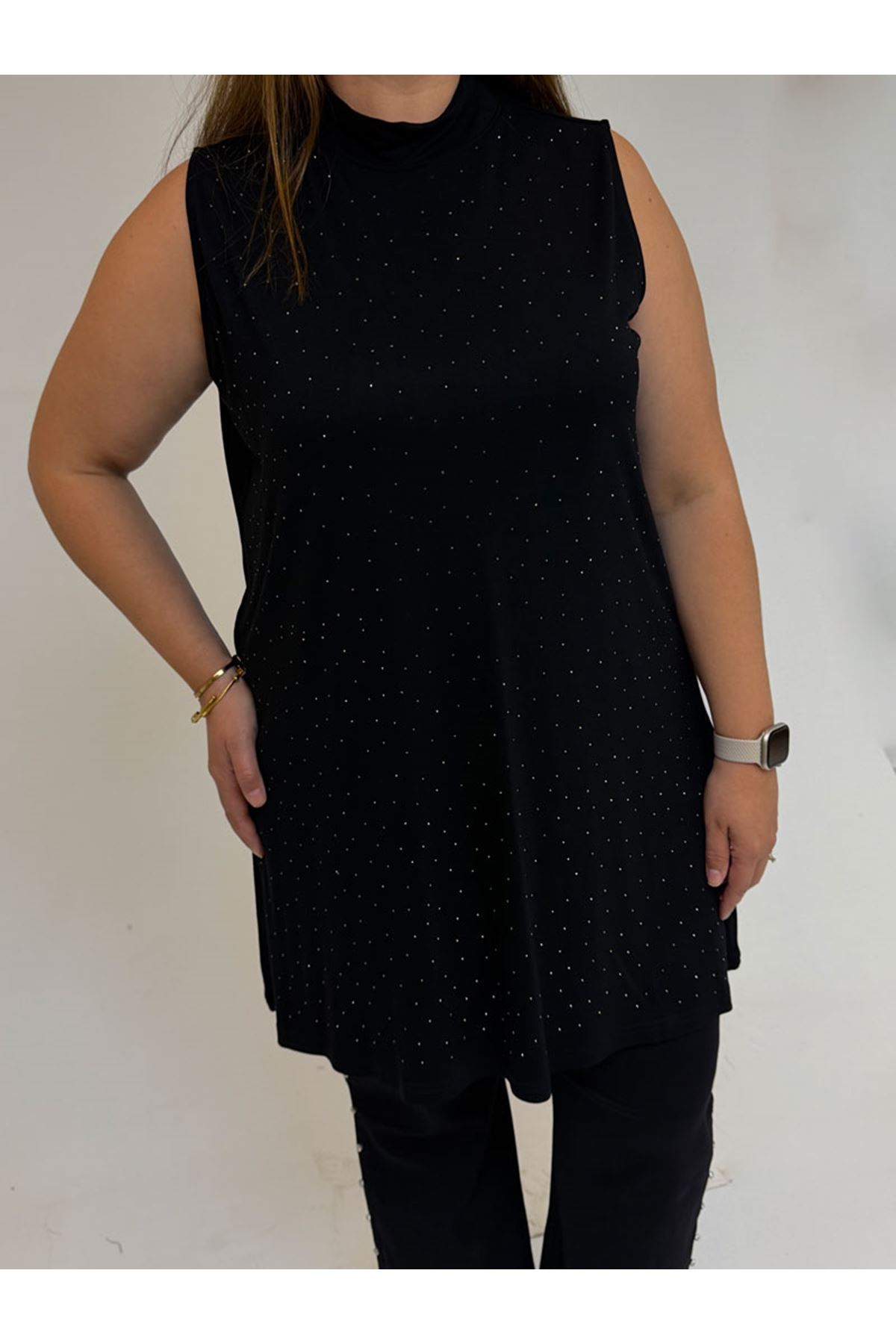 58506 Büyük Beden Taş Baskılı Penye İçlik - Siyah