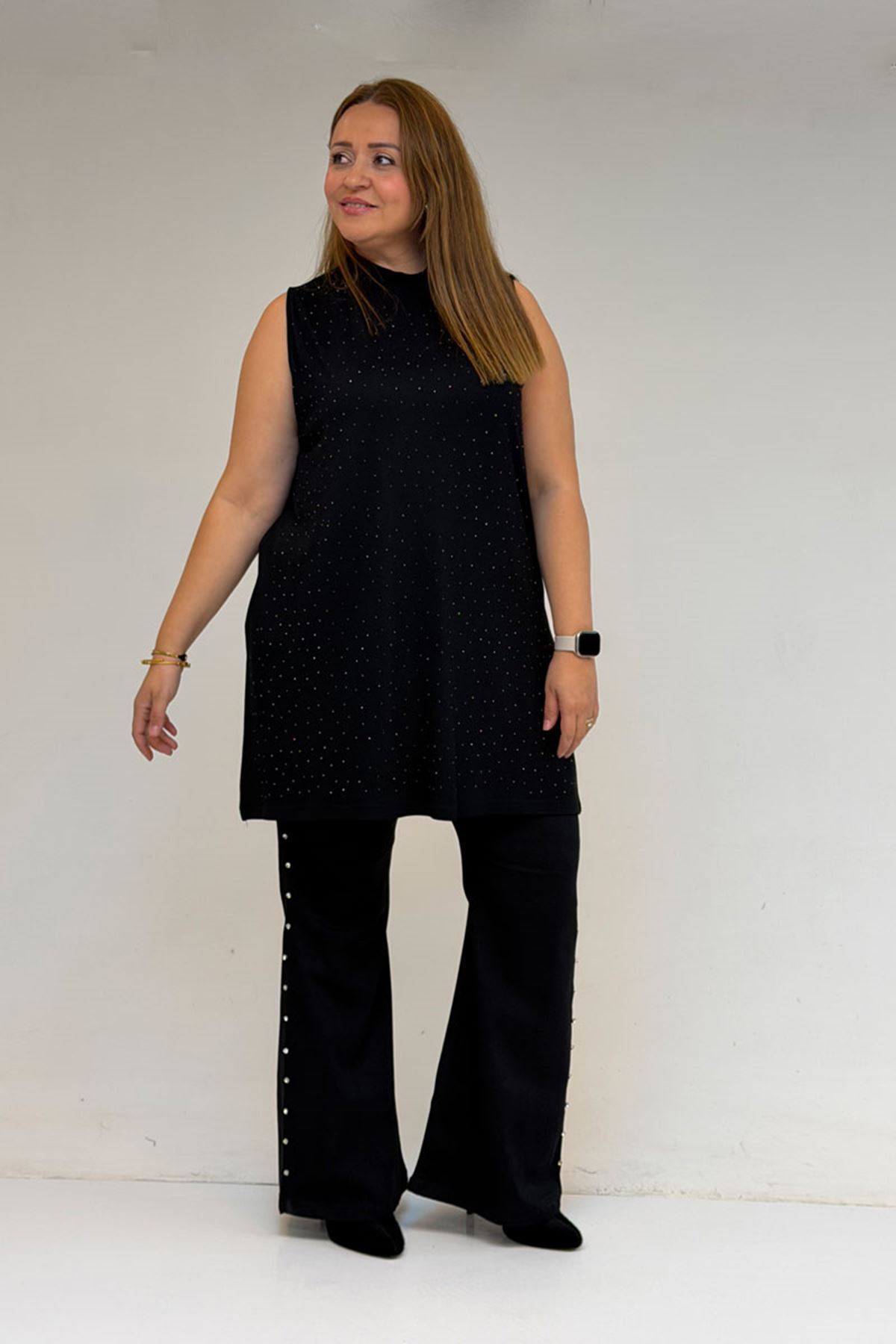 58506 Büyük Beden Taş Baskılı Penye İçlik - Siyah