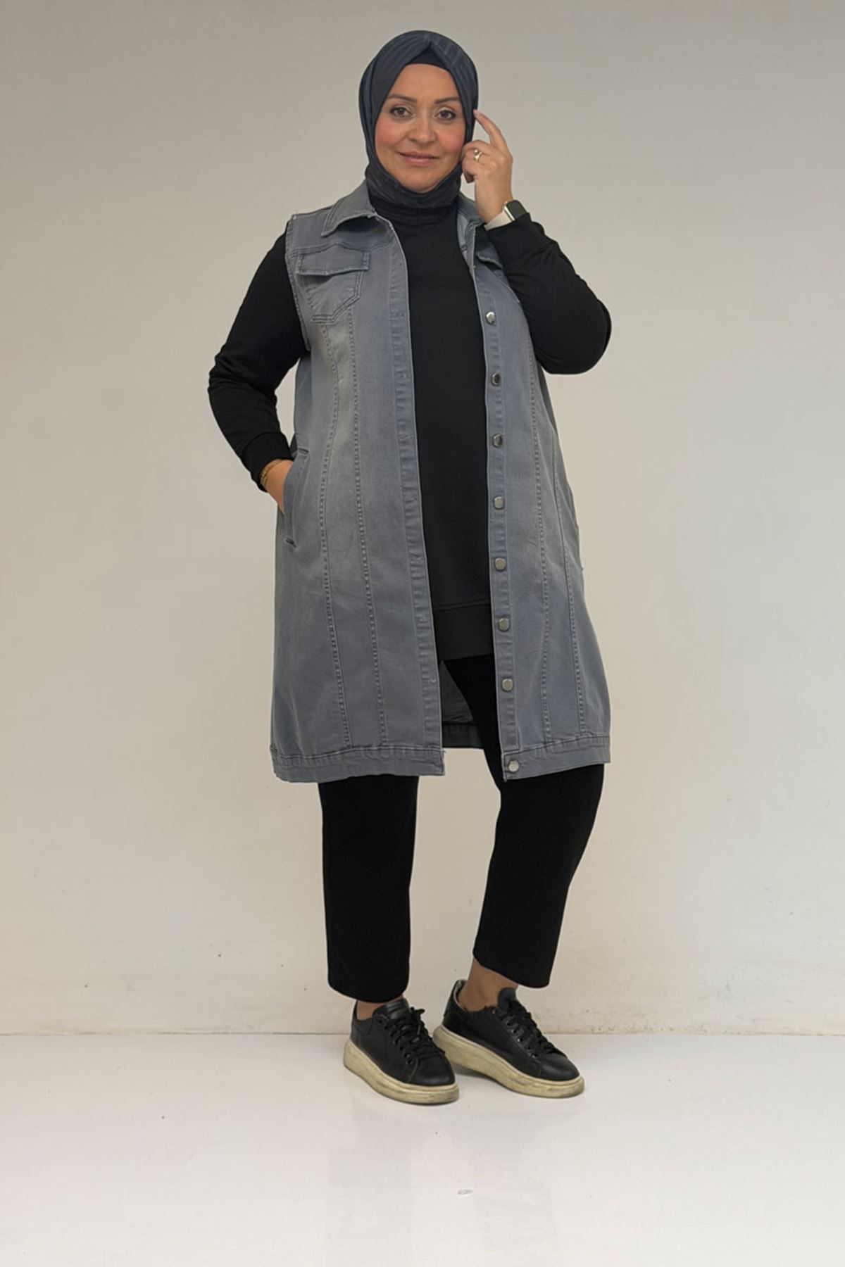 44002-1 Büyük Beden Çift Cepli Sprey Taşlama Detaylı Kot Yelek  - Gri