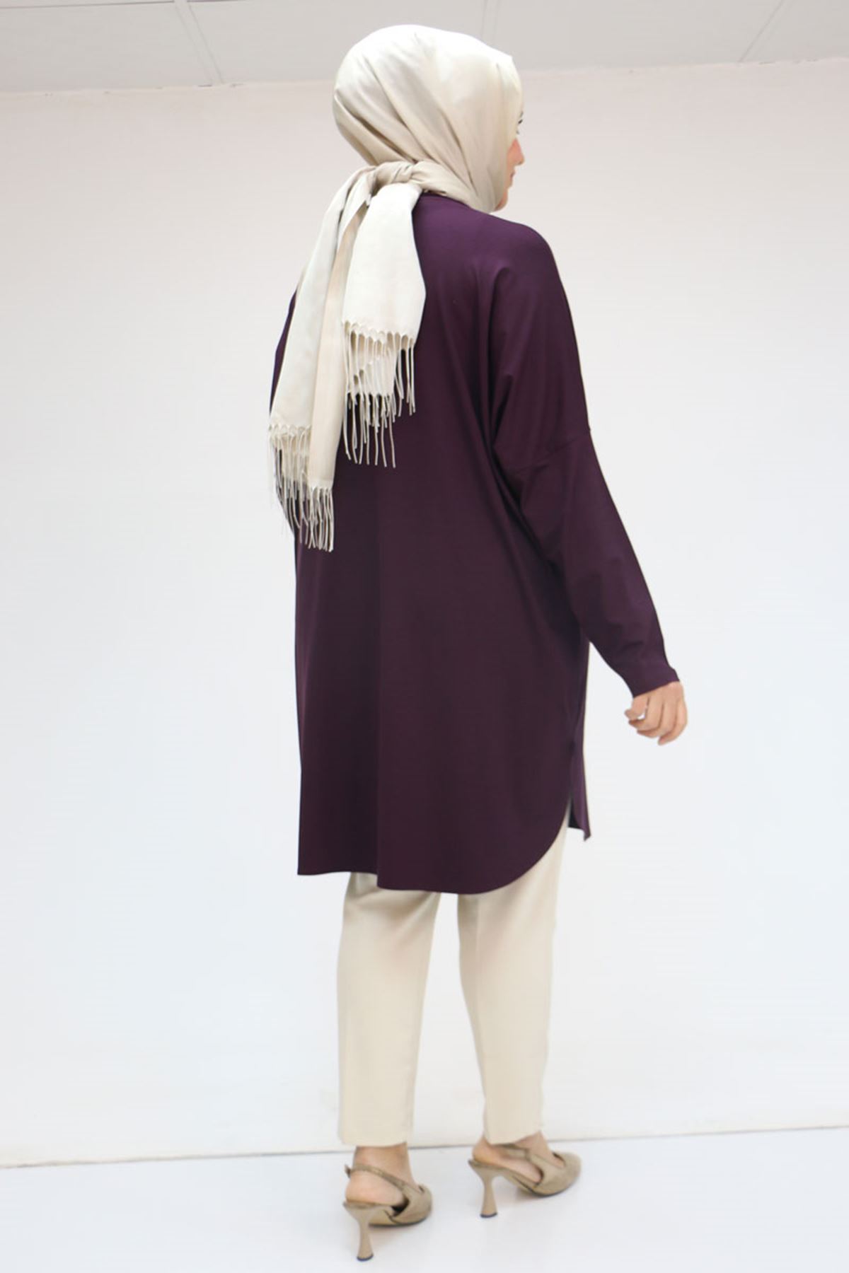 38111 Büyük Beden Basic Penye Tunik - Mor