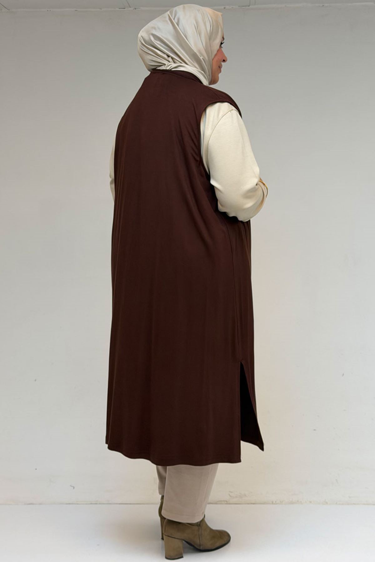 34000 Büyük Beden Penye Giy-Çık Yelek - Kahverengi