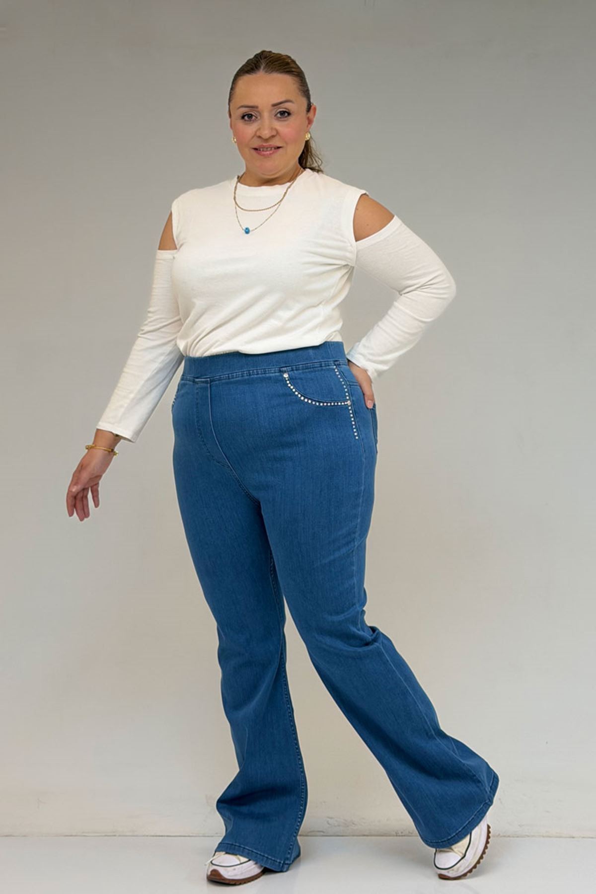 59041 Büyük Beden İspanyol  Taş Baskı Detaylı Kot Pantolon - Açık Mavi