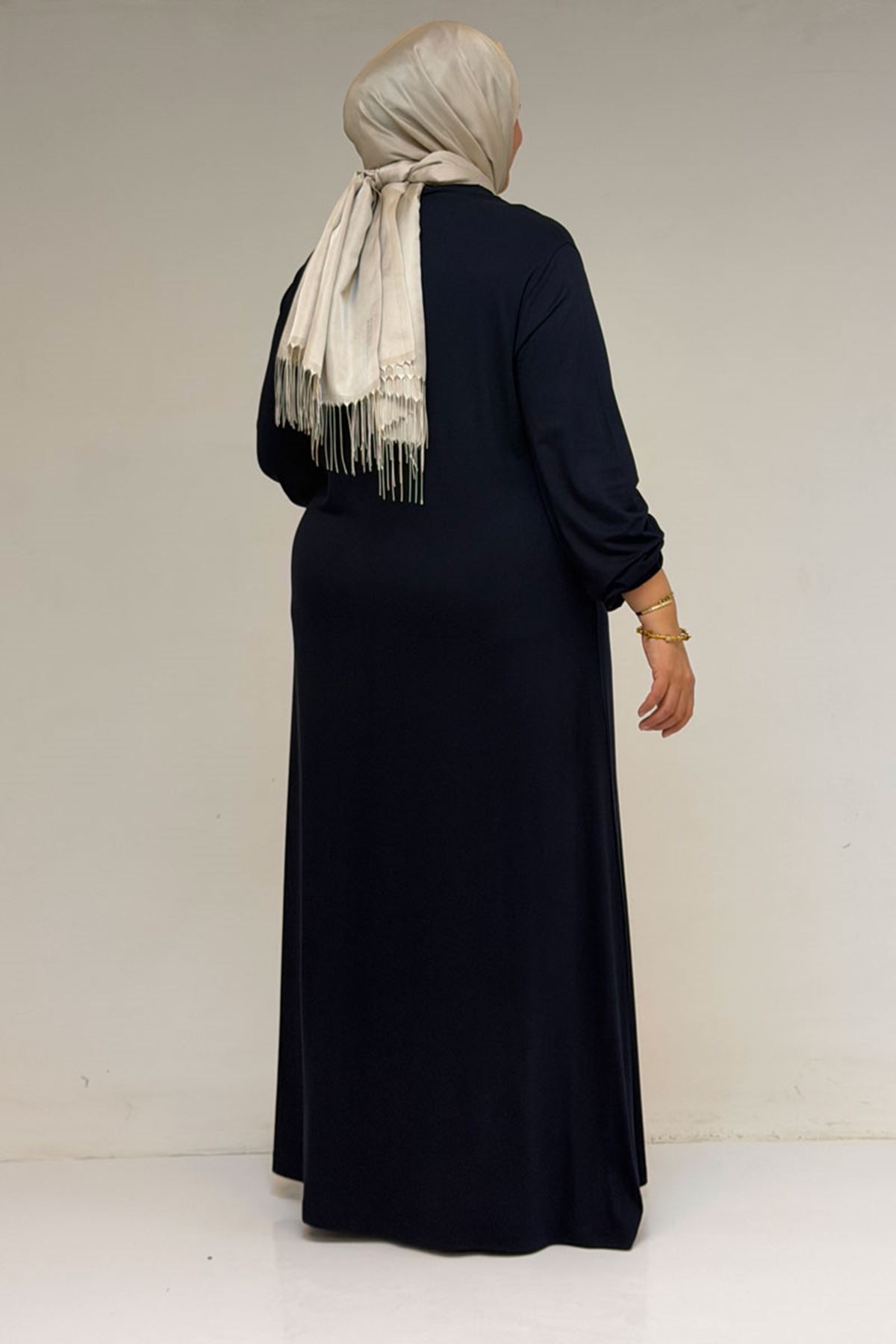 22008 Büyük Beden Kolu Lastikli Penye Elbise - Lacivert