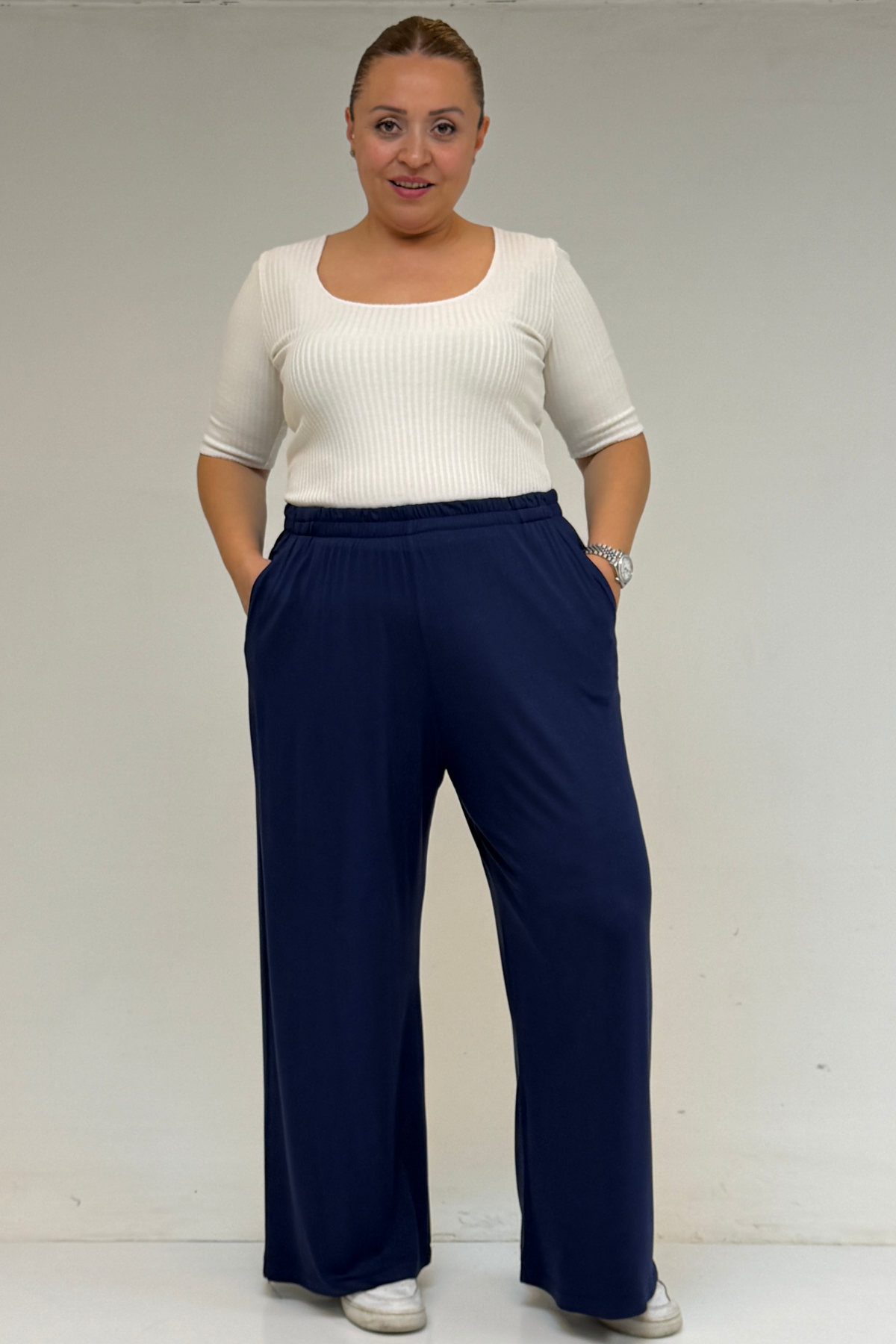 39000 Büyük Beden Yüksek Beli Lastikli Bol Paça Penye Pantolon - İndigo