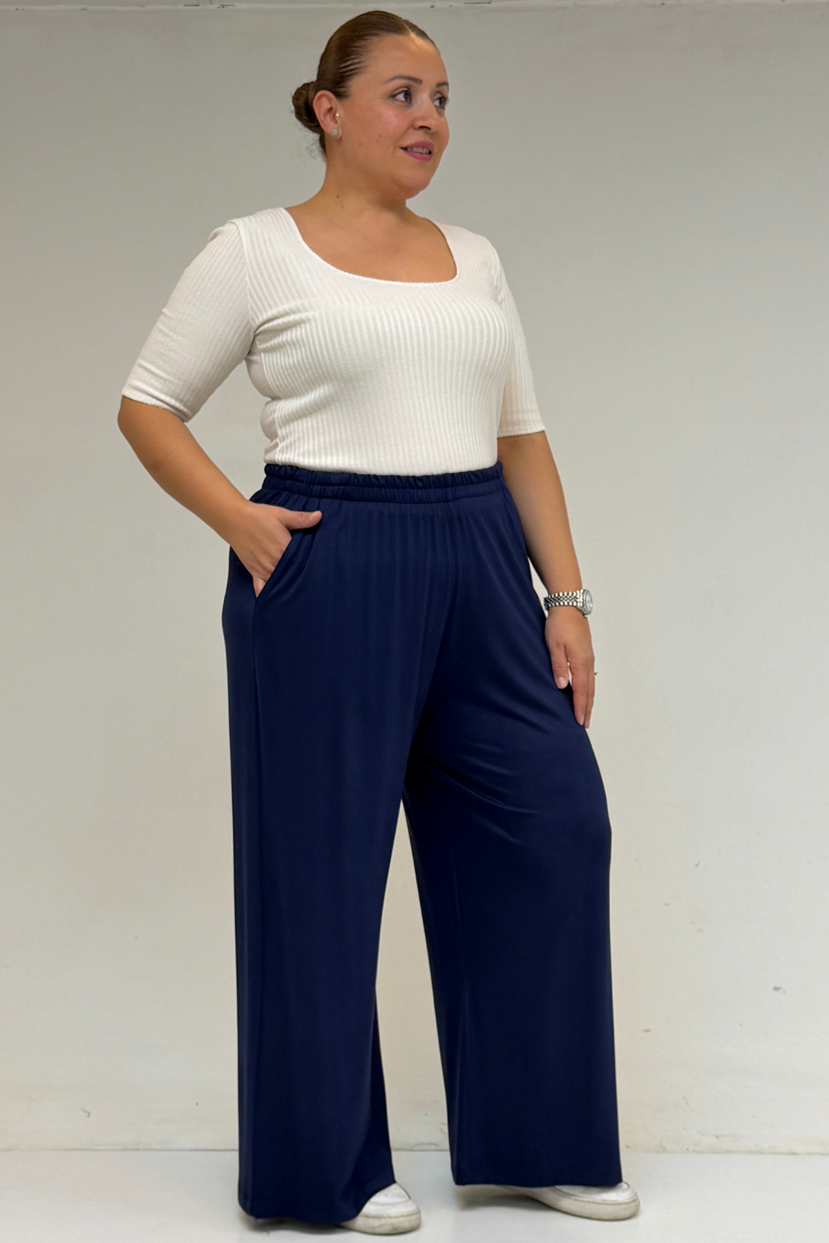 39000 Büyük Beden Yüksek Beli Lastikli Bol Paça Penye Pantolon - İndigo