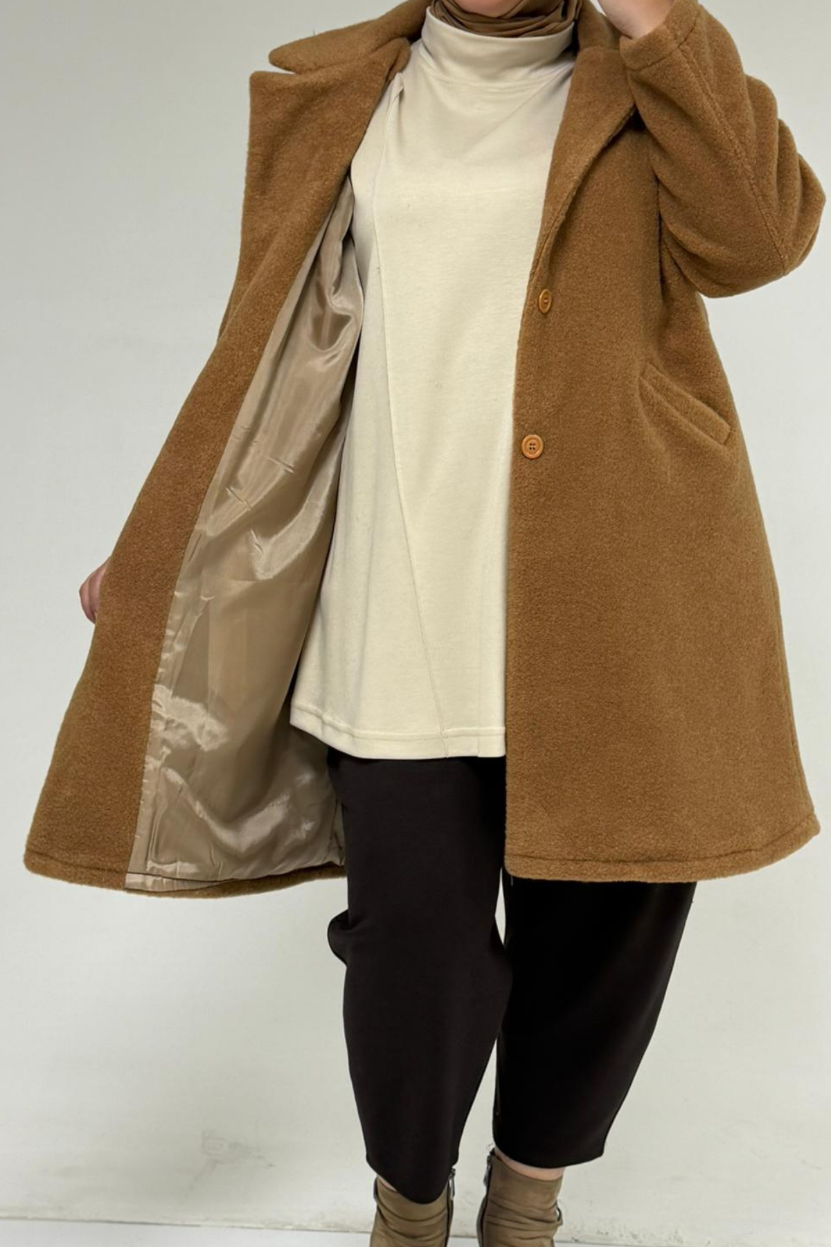 53051 Büyük Beden Keçe Kaban - Taba