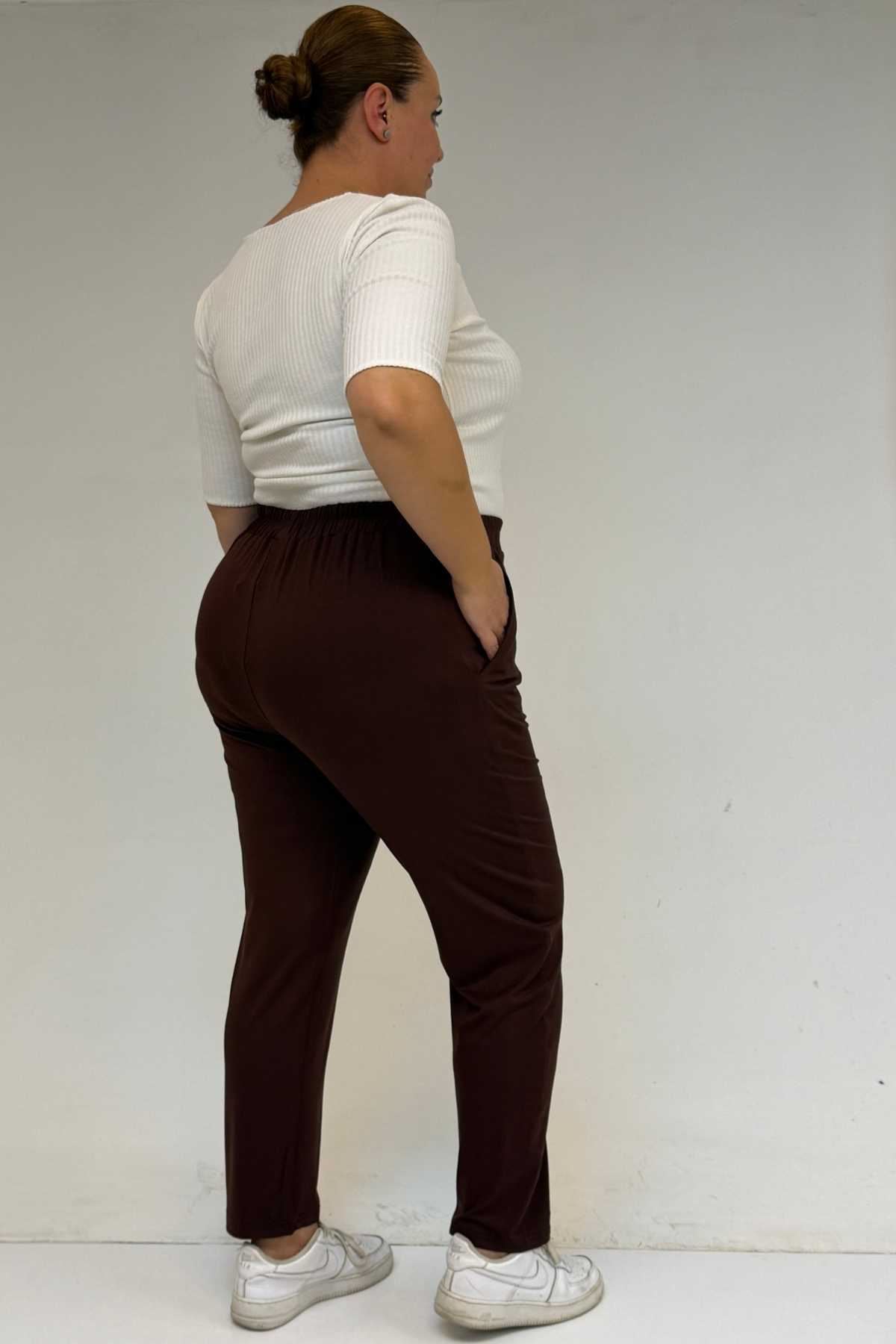 39001 Büyük Beden Yüksek Beli Lastikli Penye Pantolon - Kahve