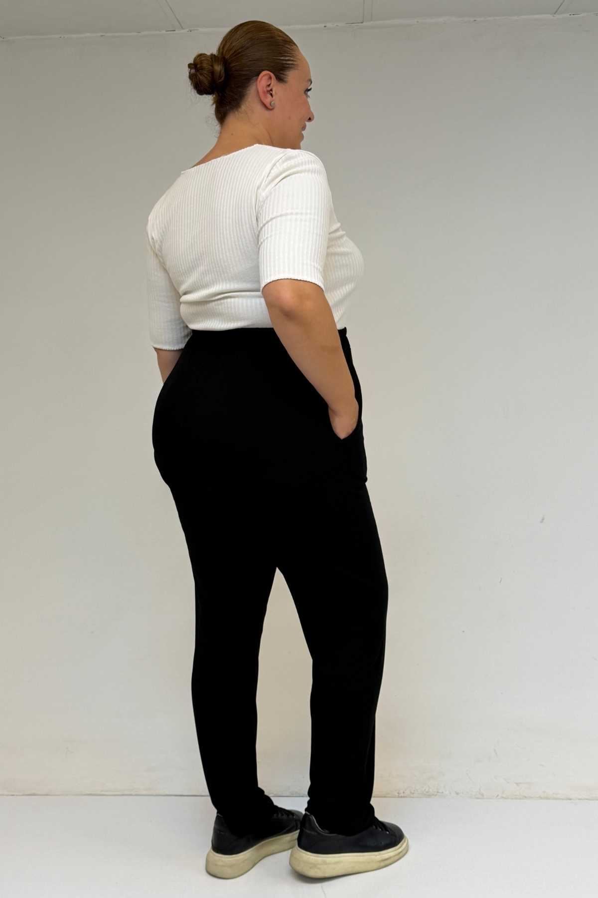 39001 Büyük Beden Yüksek Beli Lastikli Penye Pantolon - Siyah