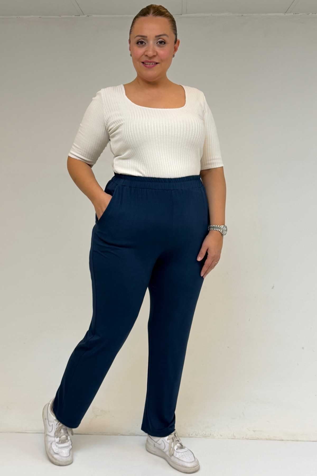 39001 Büyük Beden Yüksek Beli Lastikli Penye Pantolon -Petrol