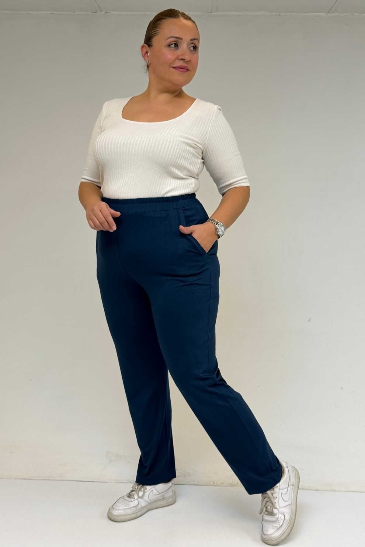 39001 Büyük Beden Yüksek Beli Lastikli Penye Pantolon -Petrol