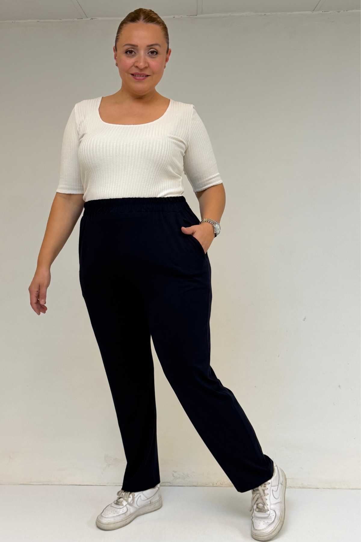 39001 Büyük Beden Yüksek Beli Lastikli Penye Pantolon - Lacivert