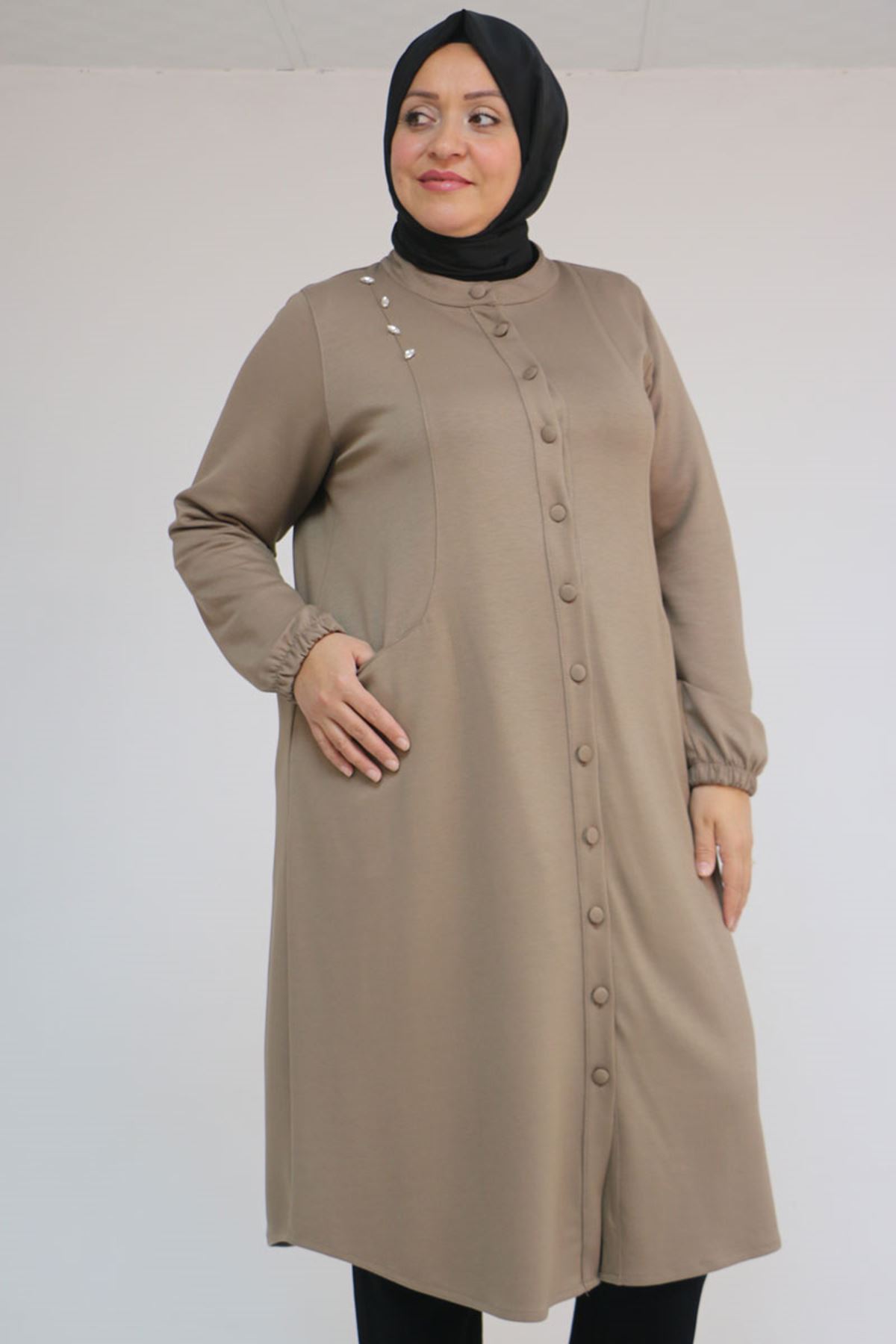 53054 Büyük Beden Boydan Düğmeli Modal Ceket - Vizon