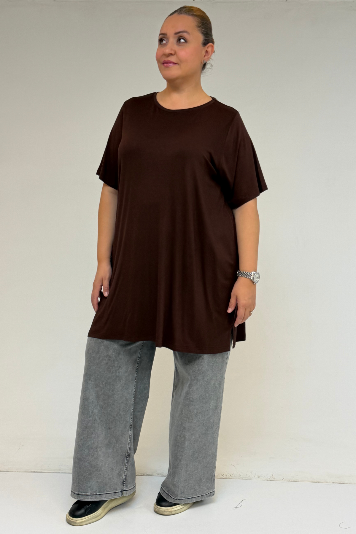58507 Büyük Beden Yakası Biyeli Penye Tişört - Kahve