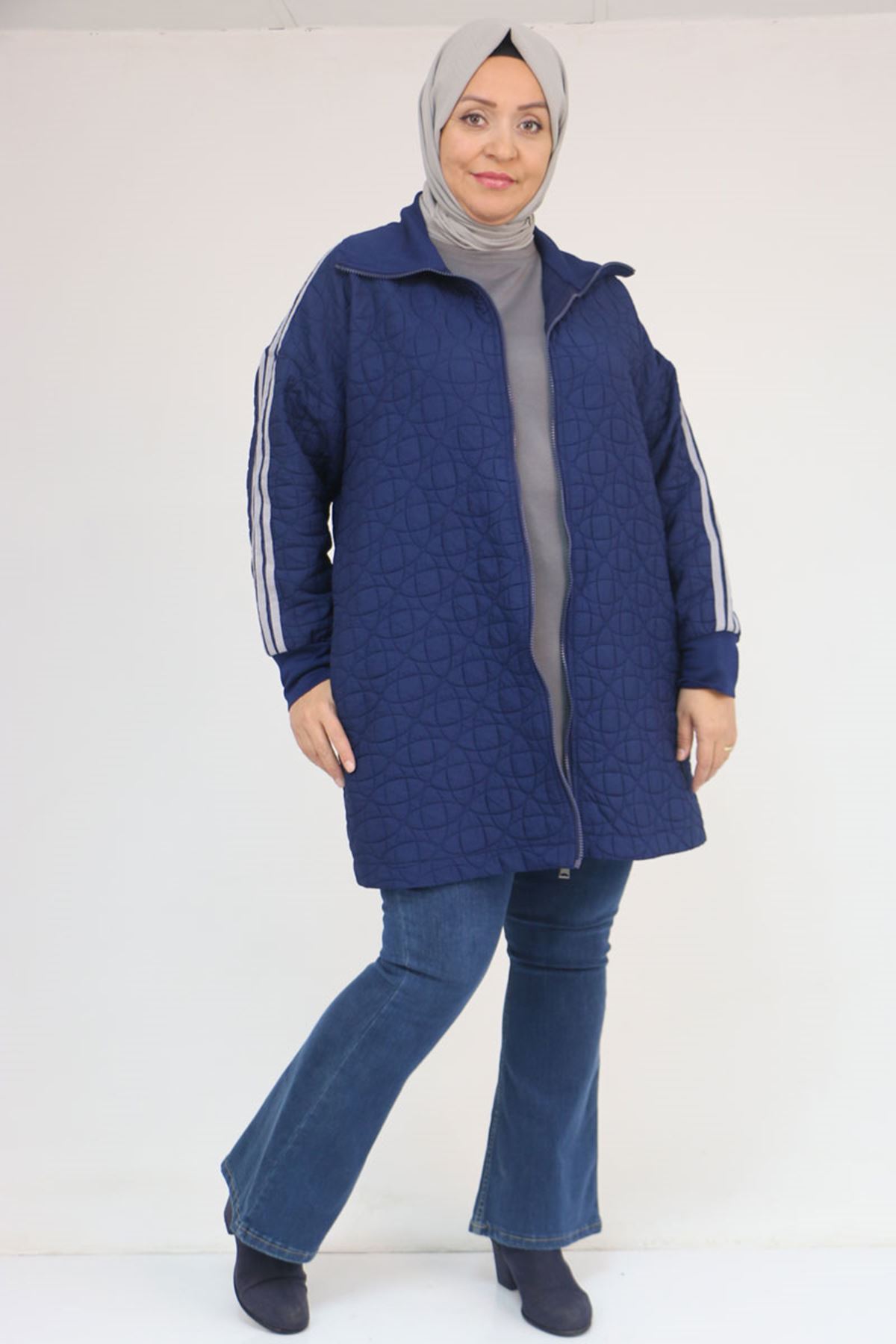 53060 Büyük Beden Omuzdan Şeritli Kapitone Fermuarlı Ceket - İndigo-Gri